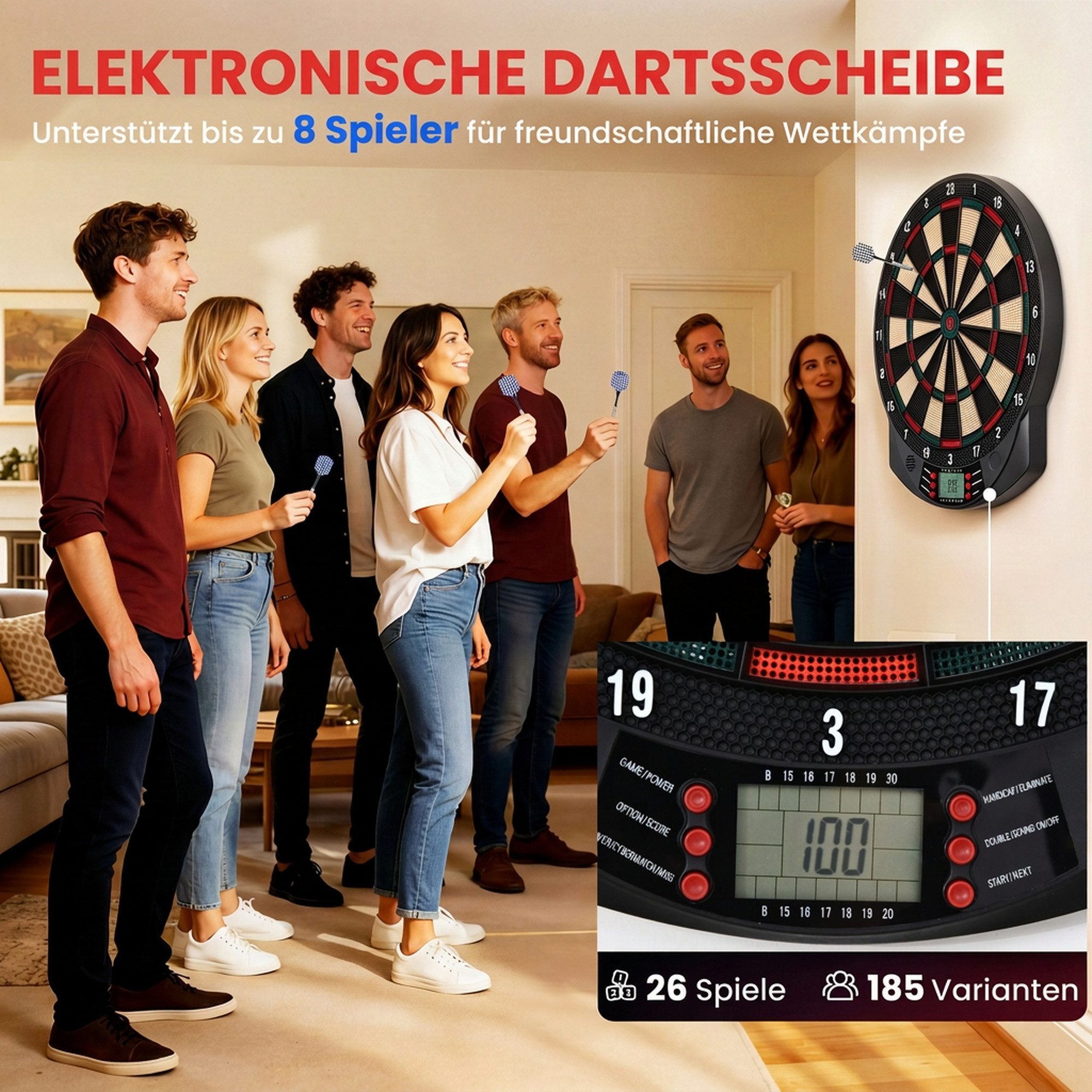HOMCOM Dartscheibe Elektronische Dartscheibe Dart-set 30 Dartköpfe 26 Spiele Schwarz, (Dartspiel mit LCD-Anzeige, 1-tlg., Dart-set), Schwarz 39,5 x 2,2 x 44 cm – Bild 4 von 5