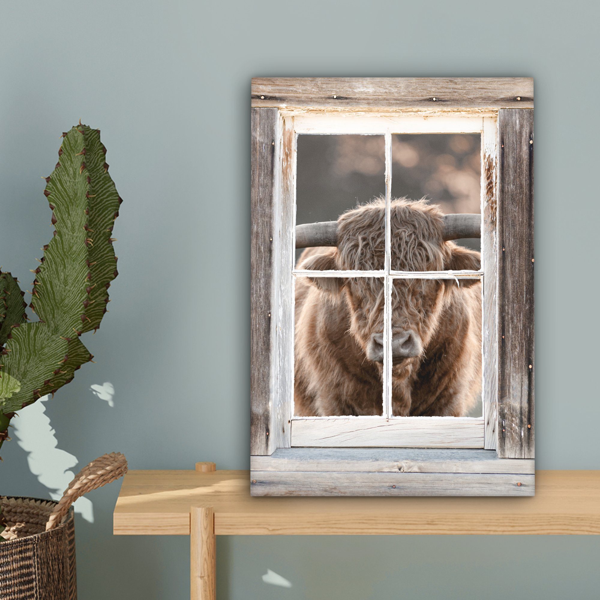 Highlander Leinwandbild fertig Zackenaufhänger, Ansicht Schottischer (1 St), OneMillionCanvasses® Leinwandbild cm - Fenster, bespannt - inkl. Gemälde, 20x30