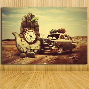TPFLiving Kunstdruck (OHNE RAHMEN) Poster - Leinwand - Wandbild, Salvador Dali - Hand Uhr Auto Ananas - (Motiv in verschiedenen Größen), Farben: Beige, Braun - Größe: 20x30cm