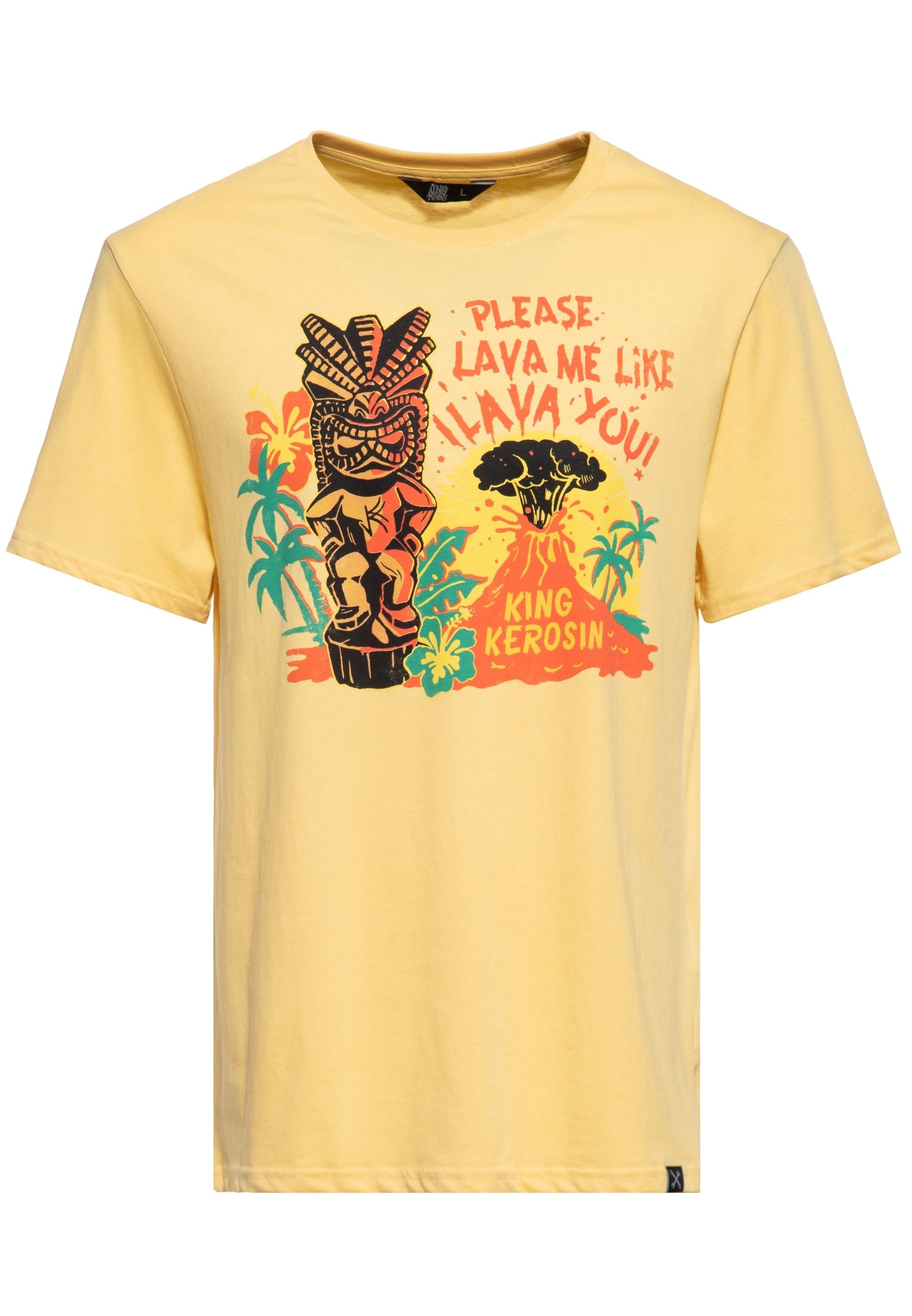 KingKerosin Print-Shirt Lava (1-tlg) mit Retro Front Print im "Hawaii-Tikki" Design gelb