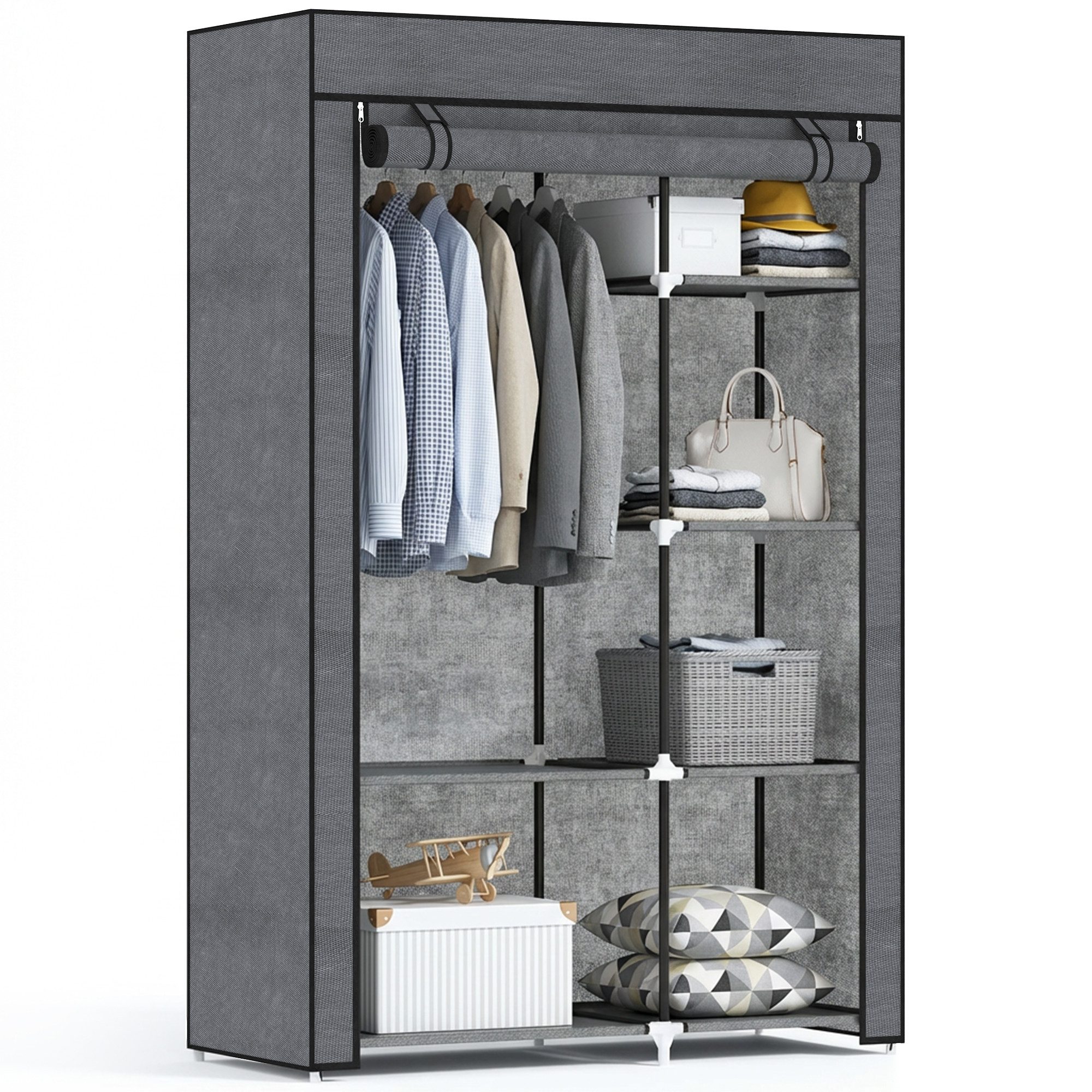 HOMCOM Stoffschrank Kleiderschrank mit 6 Ablagen und Kleiderstange (Faltbare Garderobe in Vlies-Optik, 1-St., Faltschrank für Schlafzimmer, Flur) Dunkelgrau, 10 – Bild 2 von 5