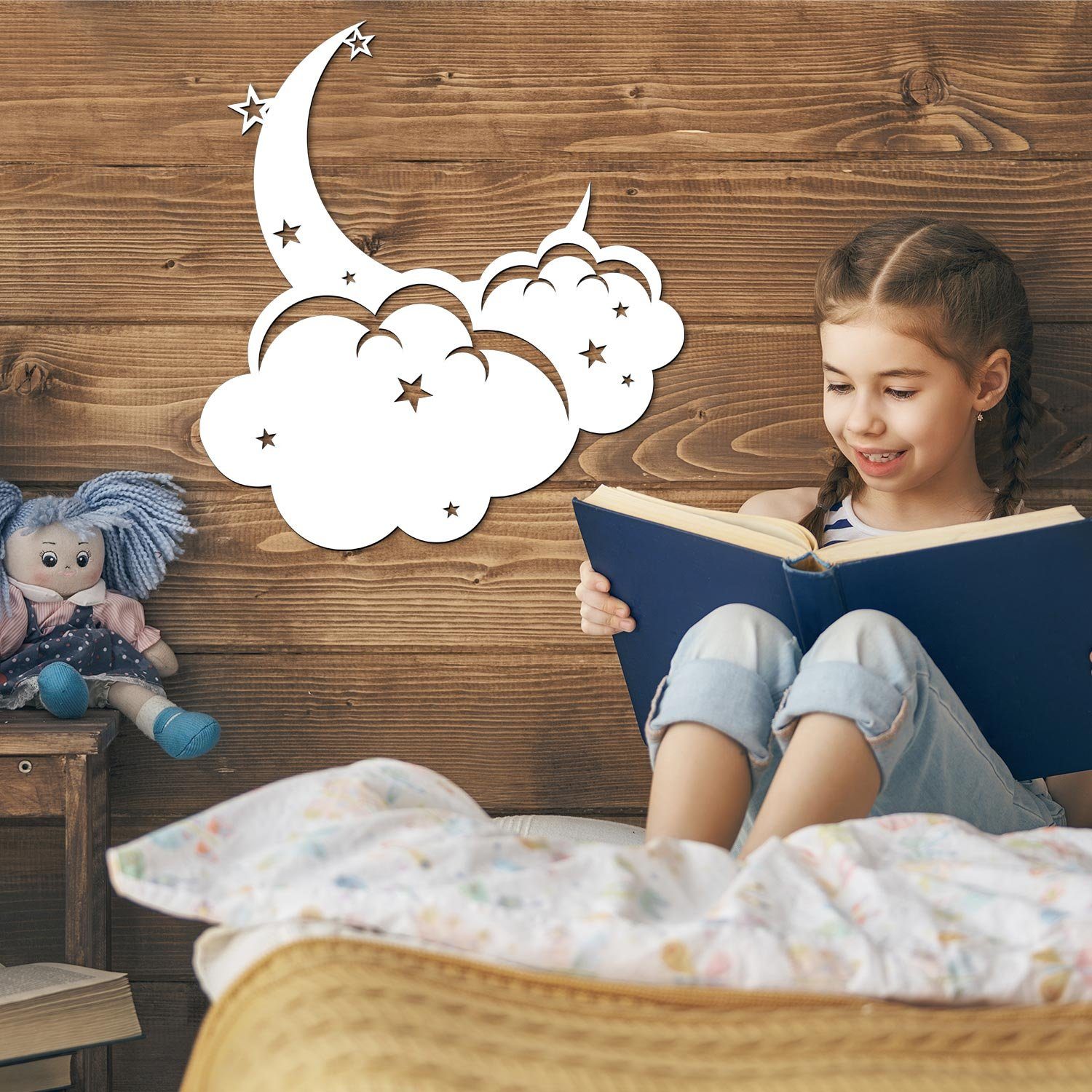 Namofactur LED Dekolicht Wandlampe Mond Wolken Holz Wand Deko Lampe für Kinder I Kinderzimmer, Ohne Zugschalter/Stern, LED fest integriert, Warmweiß