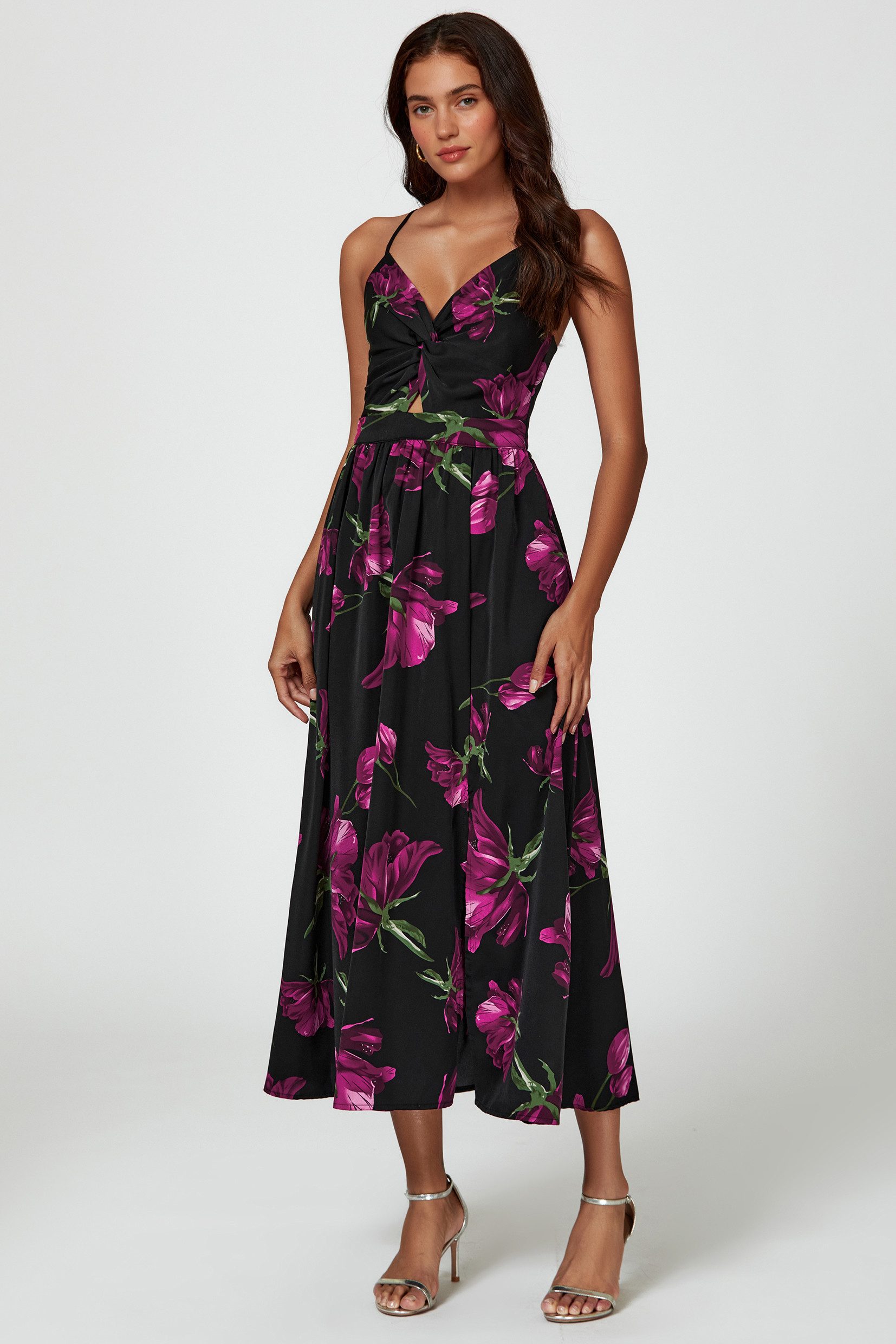 FS Collection Trägerkleid Damen Midikleid Sommerkleid Spaghettiträgerkleid Partykleid (XS (EU:36 / UK:8) · S (EU:38 / UK:10) · M (EU:40 / UK:12) · L (EU:42 / UK:14) · XL (EU:44 / UK:16) Twist-Detail vorne, Beinschlitz, Rückenbindeband, floraler Print