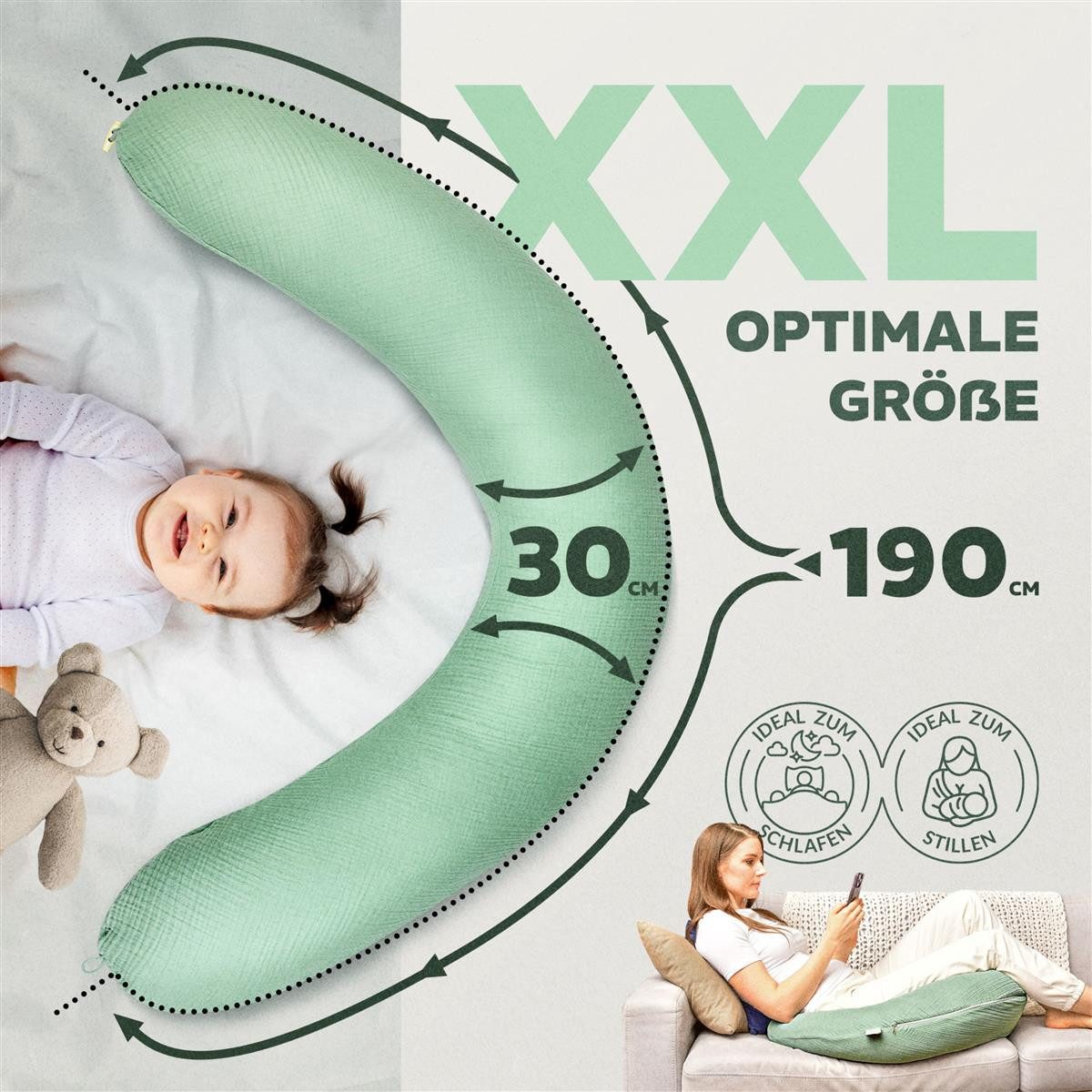 SEI Design Stillkissen Seitenschläferkissen XXL Babynest - Baby Erstausstattung Neugeborene, Schwangerschaftskissen 190x30 cm, Schwangerschaftskissen mit Bezug, Musselin Bezug 100% BIO Baumwolle, 100% Vegan