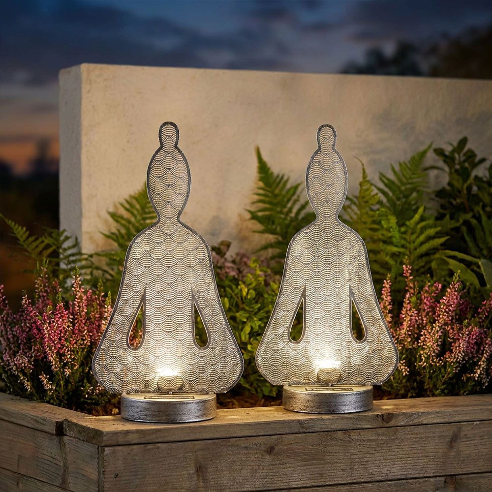GLOBO LIGHTING LED Solarleuchte, LED-Leuchtmittel fest verbaut, Warmweiß, 2x Solarlampen für außen Garten Deko Figuren Asia Buddha LED
