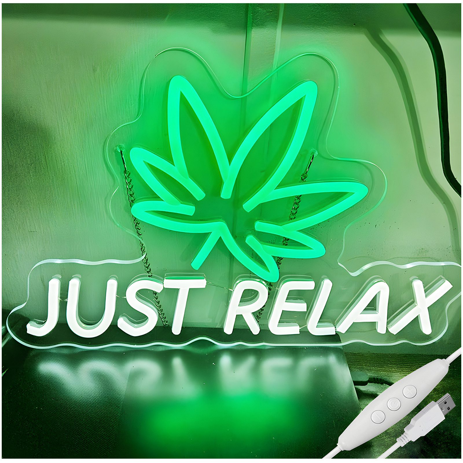 Jibenhome LED Nachtlicht Cannabis Just Relax Neon Schild mit Dimmbar Schalter LED Dekolicht, 40 x 26.5 cm, LED fest integriert, Marihuana-Blatt Neonlicht Acryl Neon-Wanddecor