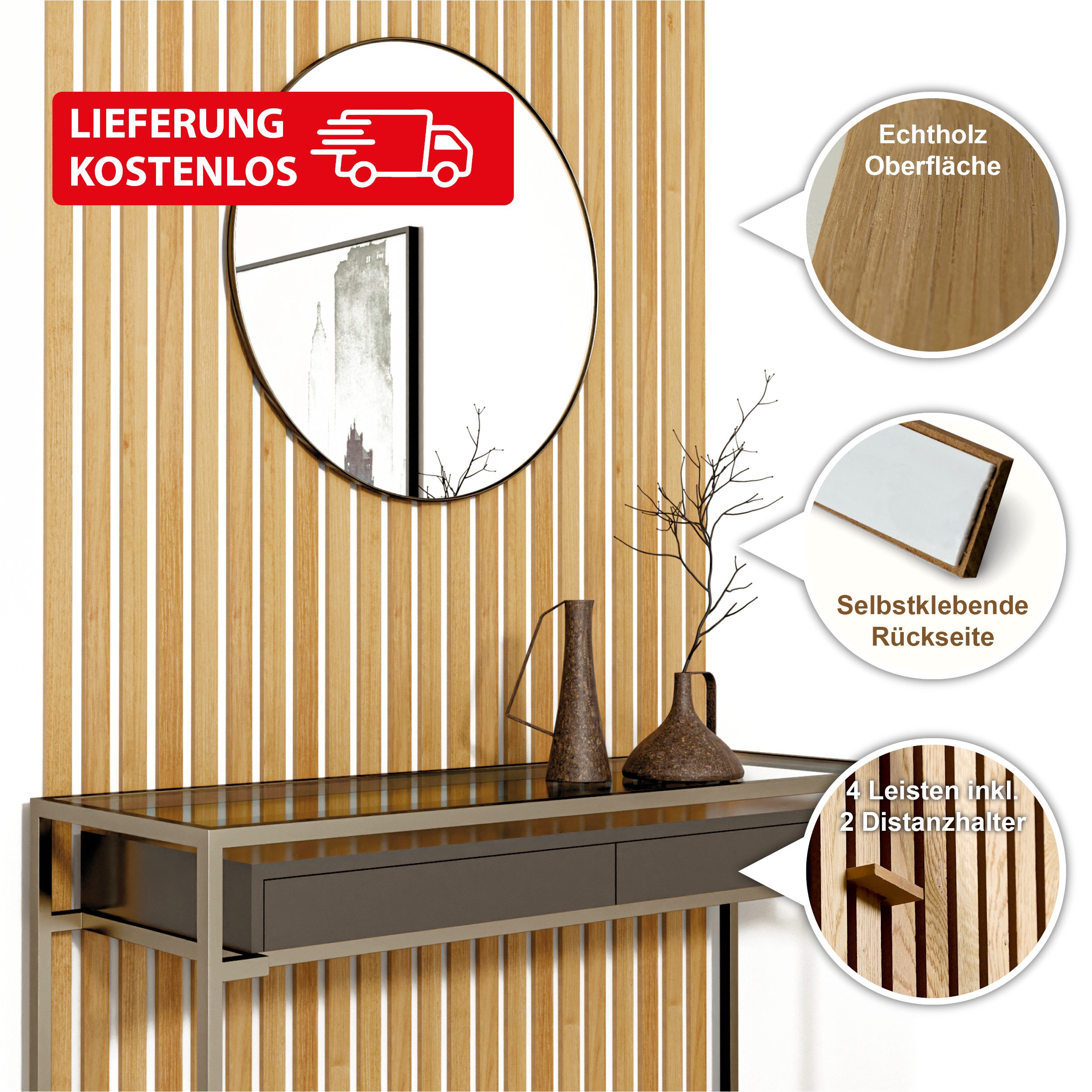 acous Wandpaneel Stix FSC® Premium Echtholzfurier (selbstklebend), BxL: 3,45x250,00 cm, 0,51 qm, (Set, 4-tlg., Paket mit 4 selbstklebenden Leisten, Versandkoste – Bild 4 von 5