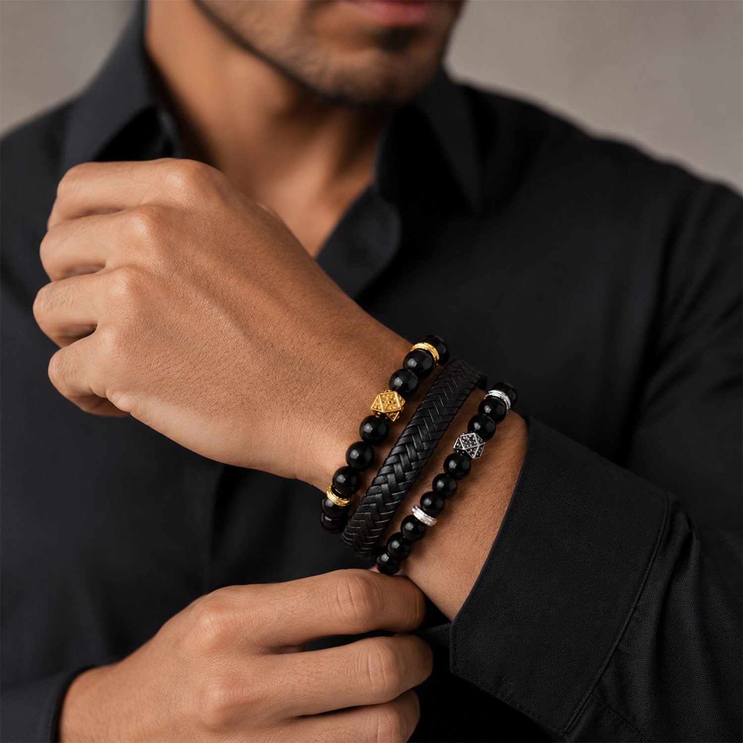 Jungengel Armband Herren Männer Accessoire 3-Teilig Schmuck Set Leder Naturstein Perlen (3-tlg., 3-teiliges Armband-Set), Geschenkbox, Edles Accessoire mit Magnetverschluss, stilvoll verpackt