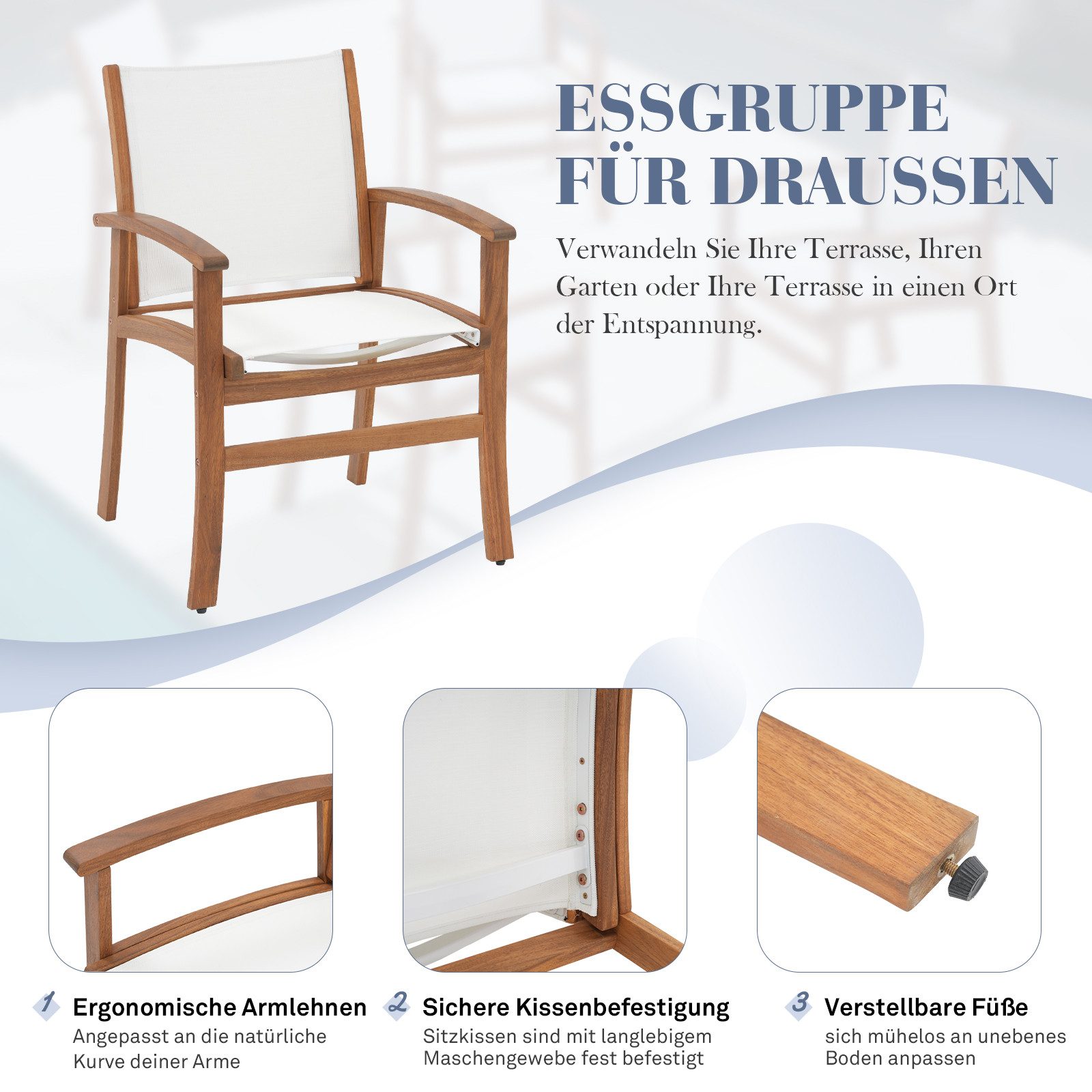 JOIVI Garten-Essgruppe Gartengarnitur mit 4 Stühle, (Akazienholz Esstisch-Set für 3–4 Personen, Ausziehbarer Gartentisch mit Stühlen), für Garten & Terrasse,Weiß
