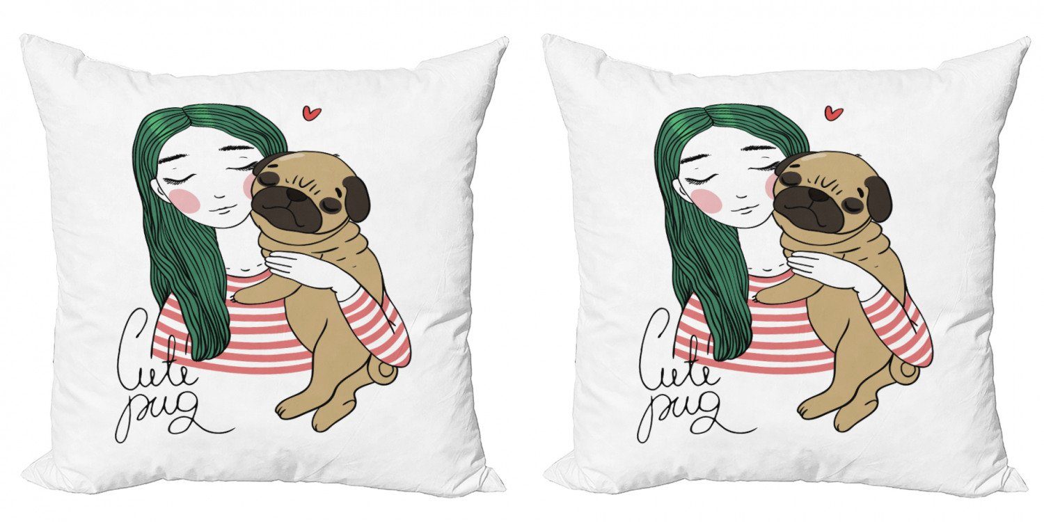 Doppelseitiger Digitaldruck, Kissenbezüge mit Hund Mädchen (2 Mops Modern Stück), Accent Abakuhaus