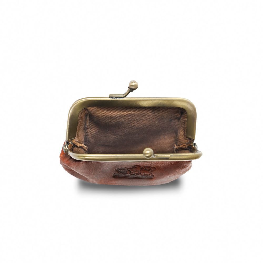 BRANCO Mini Geldbörse Retro Geldbeutel, Bügelbörse, Damen, Leder, Cognac-Braun