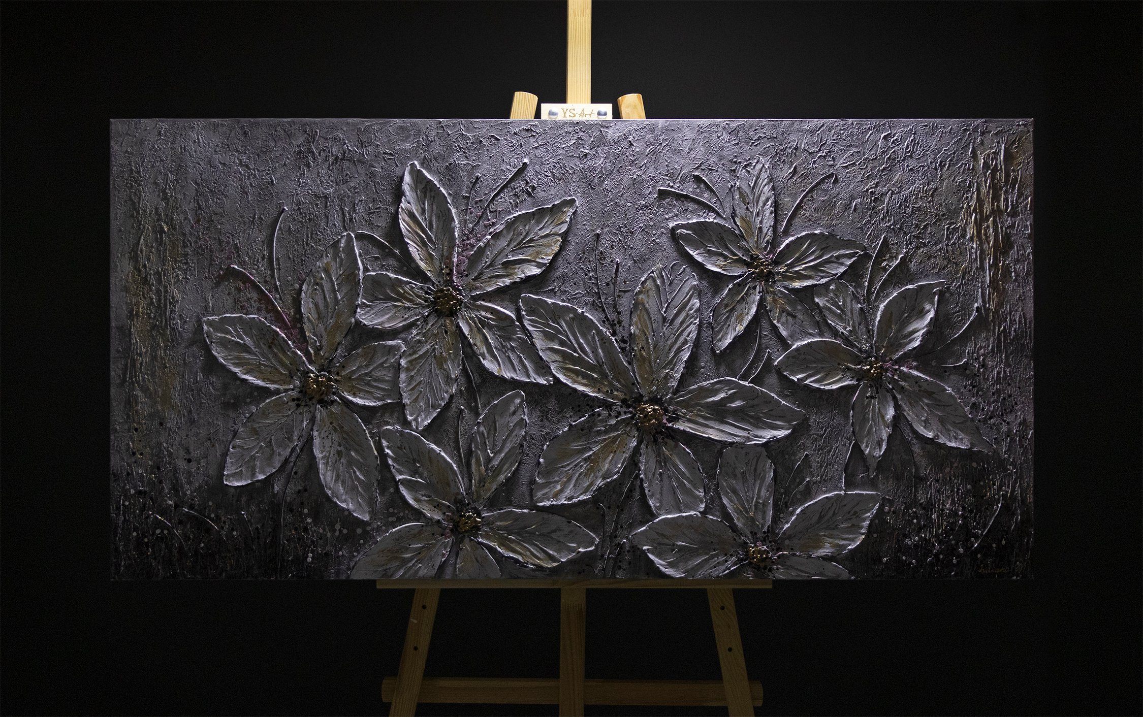 Blumen, Bild Blumen Leinwand YS-Art Grau Blumenparadies, Weiße Schwarz Gemälde Handgemalt