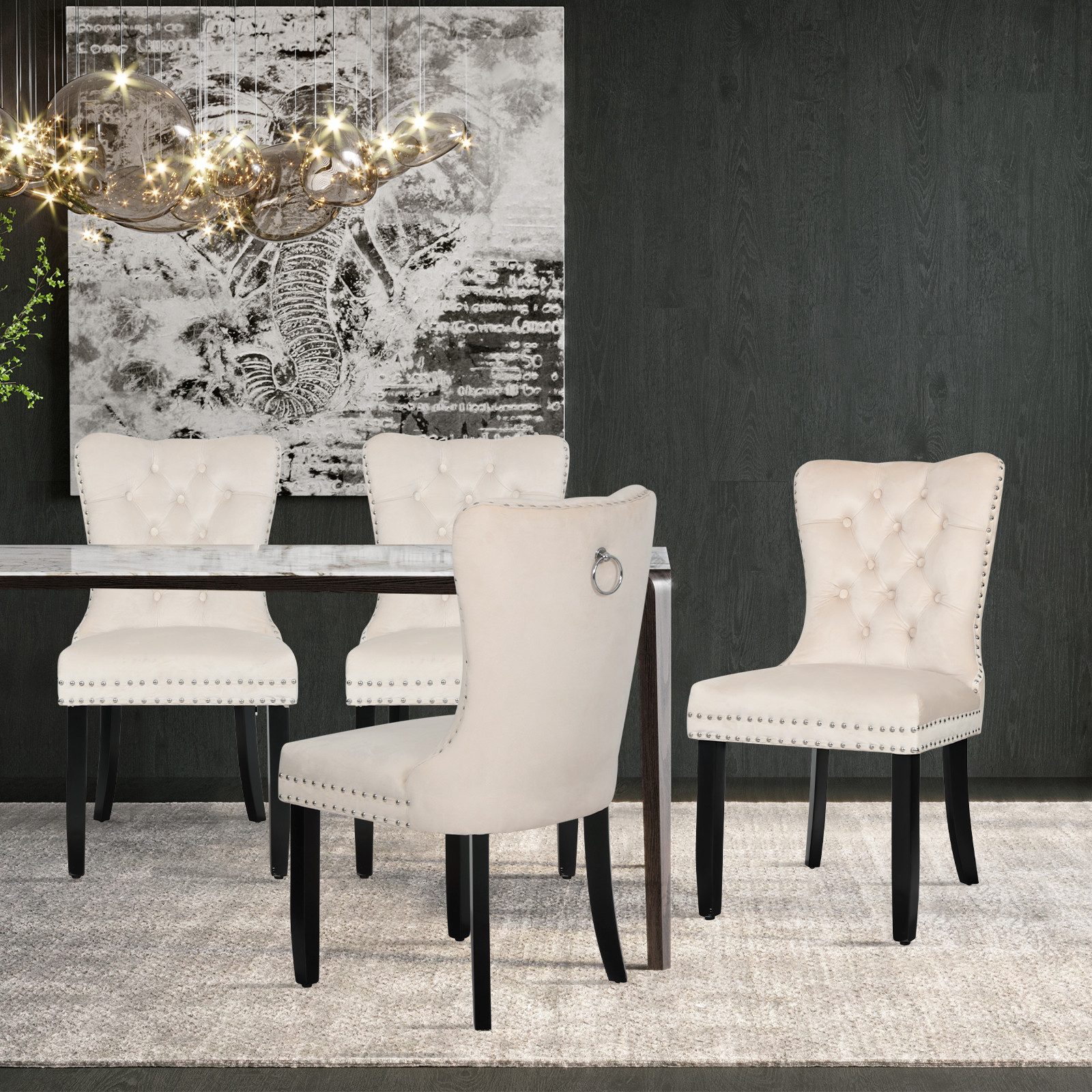 Puluomis Esszimmerstuhl (2/4/6/8 Set Grau/ Schwarz/Beige, 4 St), Samt Stuhl mit hoher Rückenlehne, Küchenstuhl mit Holzbeinen – Bild 3 von 5