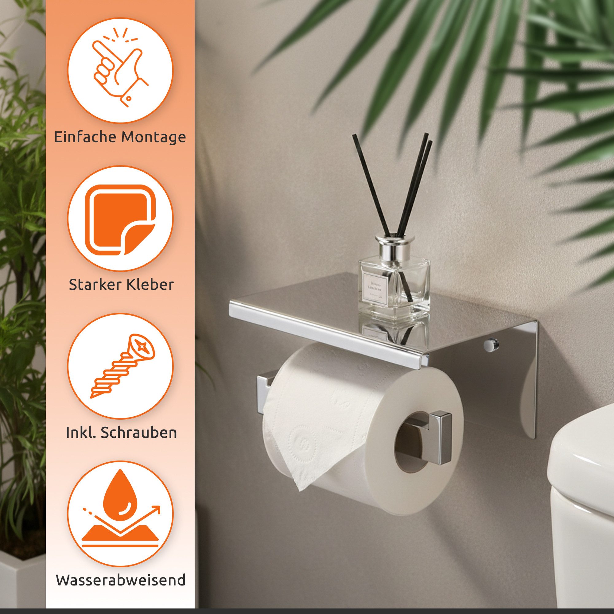 ECENCE Toilettenpapierhalter ohne Bohren selbstklebend Edelstahl 304, mit Ablage zum Kleben oder Schrauben – Bild 2 von 5