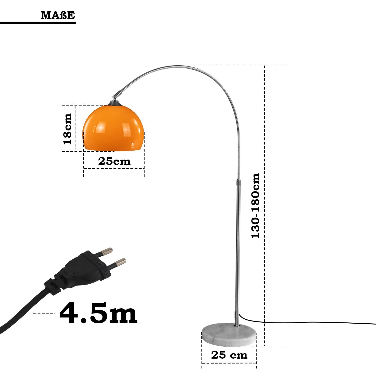 Bogenlampen - cm, max.60W, Höhenverstellbar, Bogenleuchte Jago Farbwahl 145-220/130-180 Orange