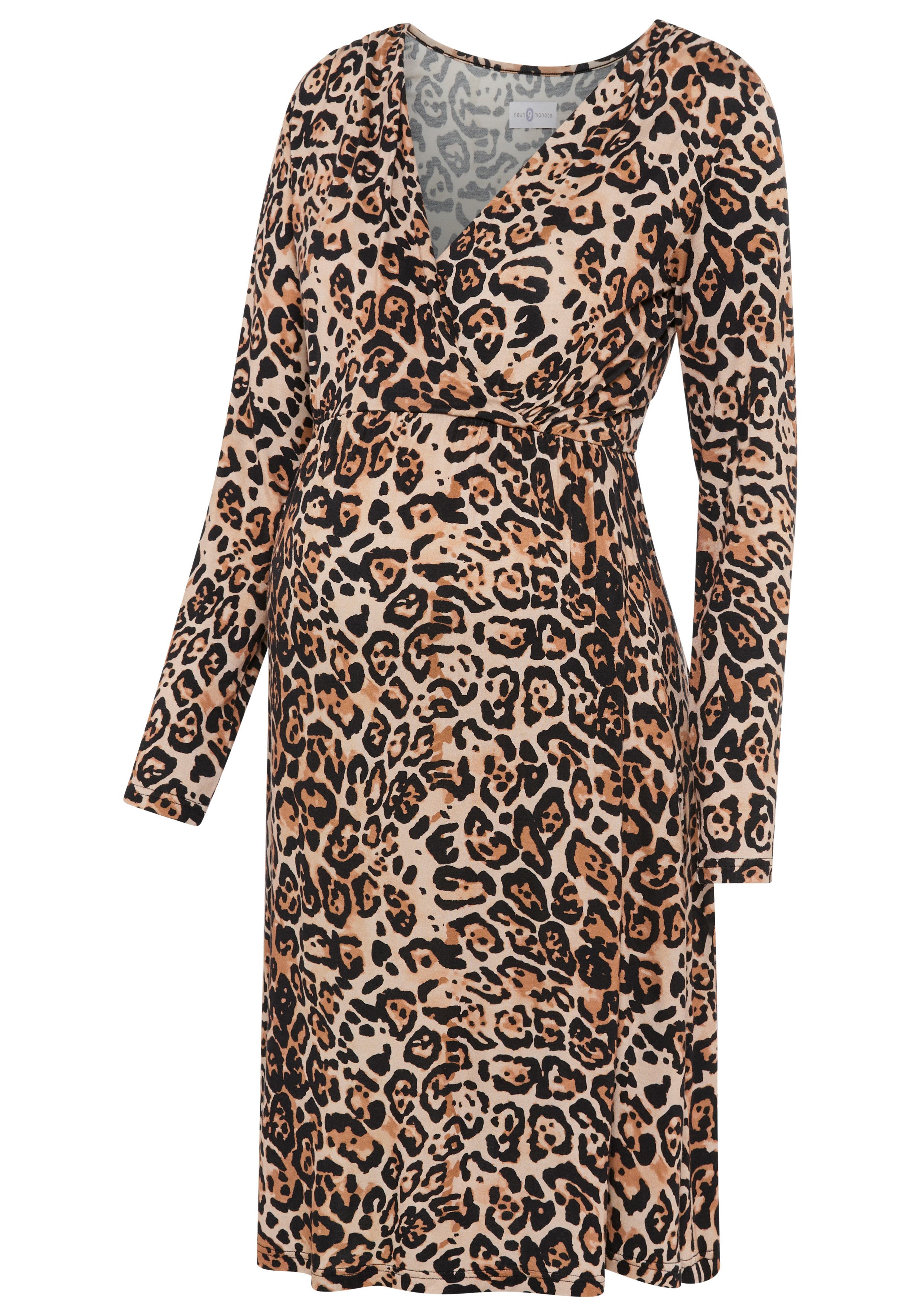 Nine-month maternity dress, maternity dress in leopard print, maternity dress with practical neckline