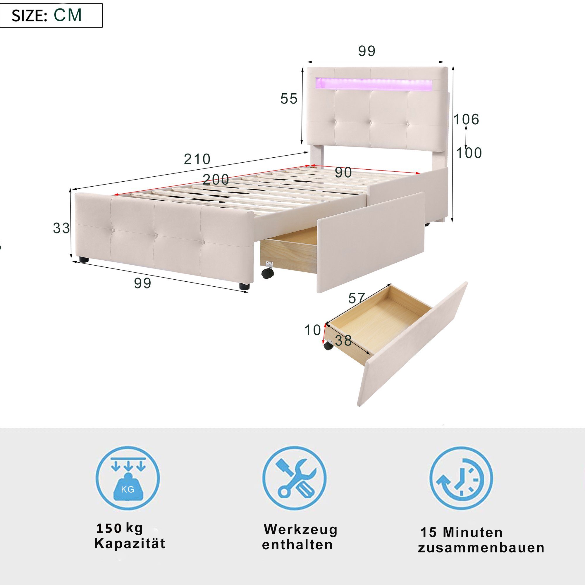 90*200cm Flieks Einzelbett Beleuchtung 2 Polsterbett, Schubladen beige LED Leinen