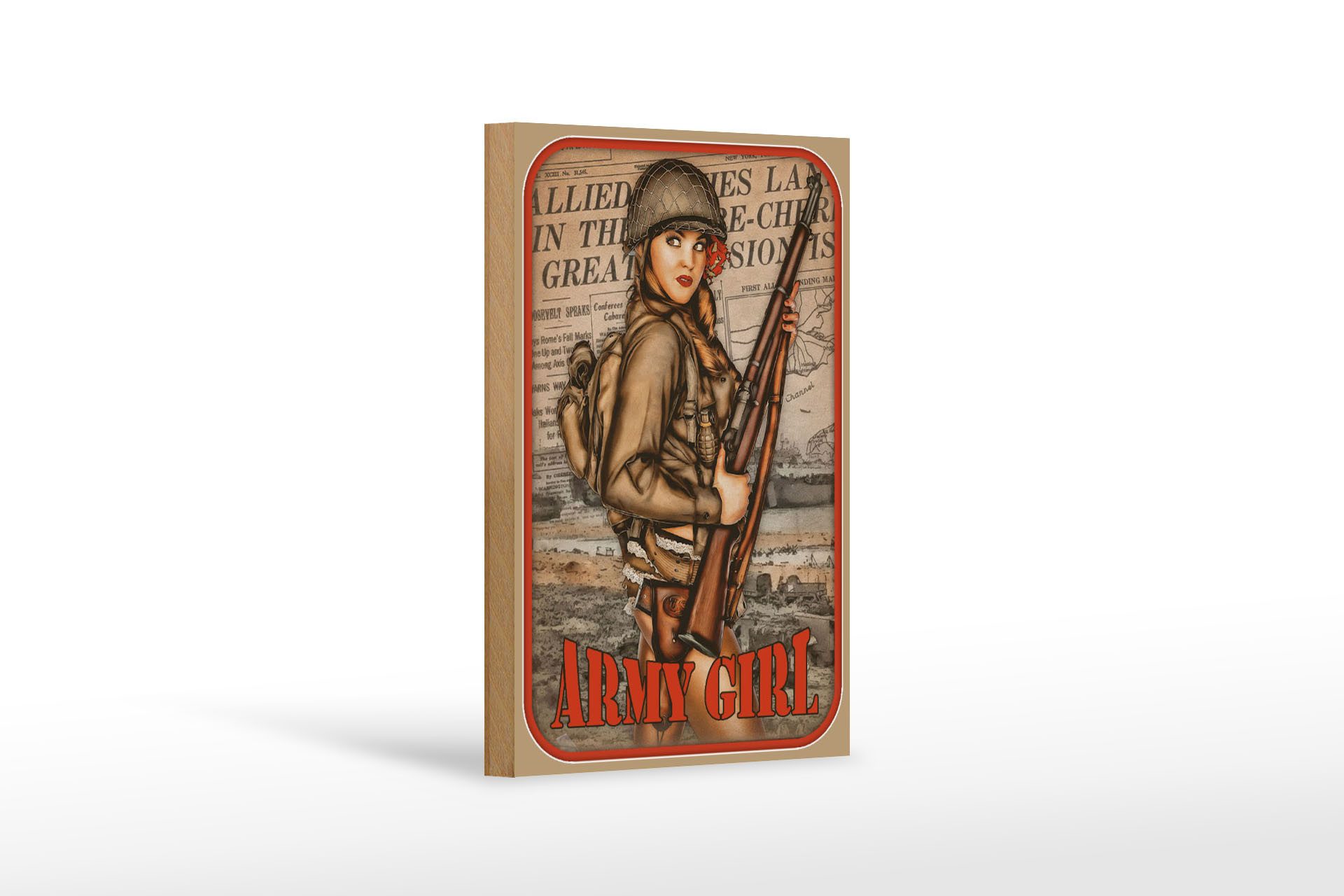 Femer GmbH Holzbild Pinup 12x18 cm Army Girl Frau in Uniform mit Soldatenhelm, (1 St), Glatte Holzfaserplatte (MDF), vorn beschichtet