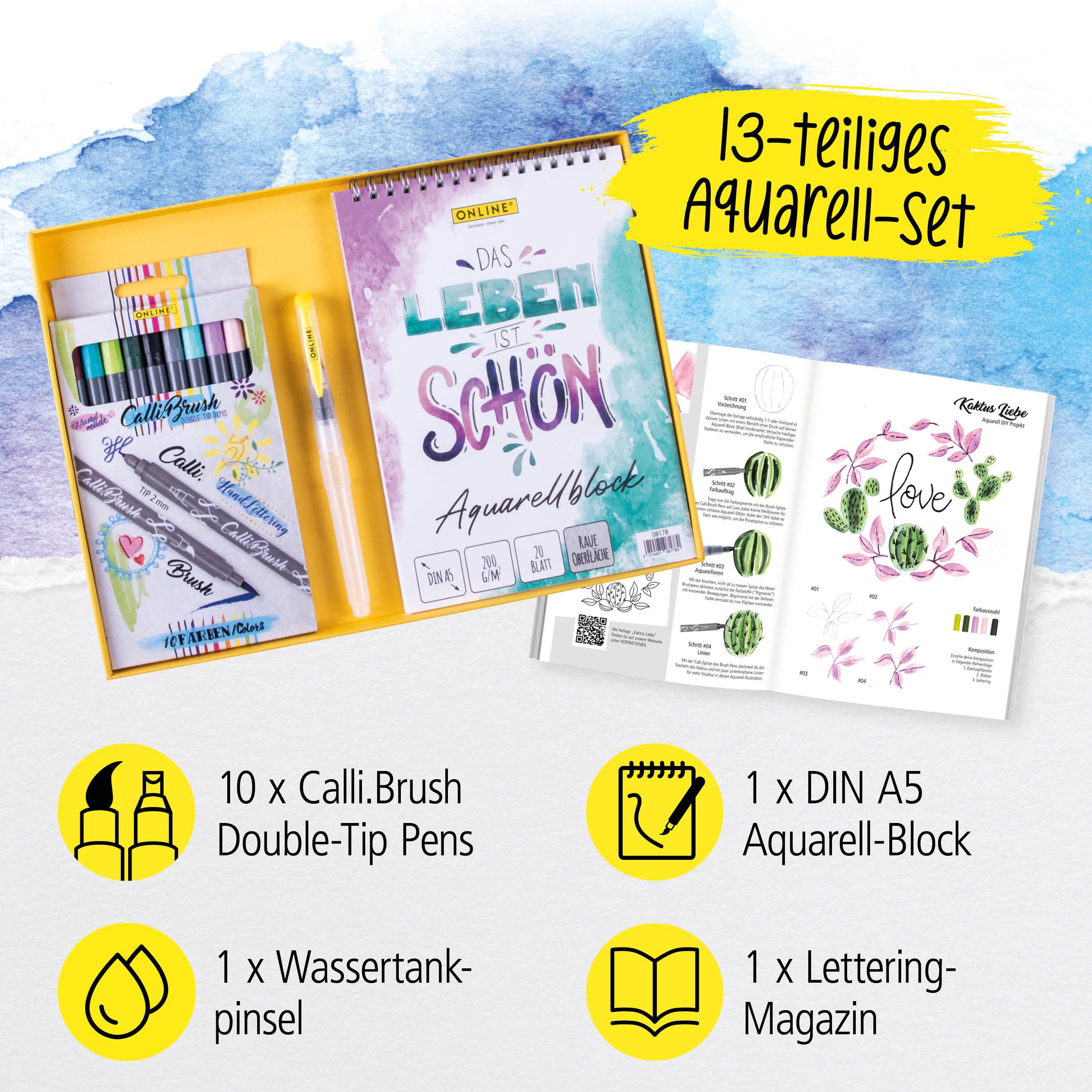 Online Pen Kreativset Aquarellset, (Aquarell-Malset für Handlettering, Kalligrafie oder Zeichnen, Aquarell-Block, 10x Calli.Brush Pens, Waterbrush-Pen, Aquarell-Magazin), in Geschenbox