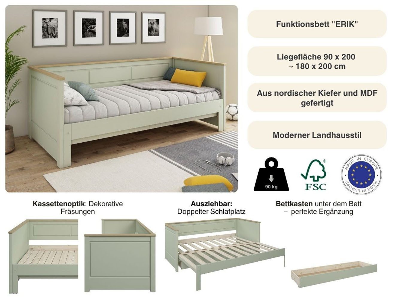 OTTO home Funktionsbett " ERIK " Daybed, Gästebett, Kinderbett, Massivholz (Kiefer), 2. Schlafplatz ausziehbar, moderner Landhausstil, Schublade optional – Bild 4 von 5