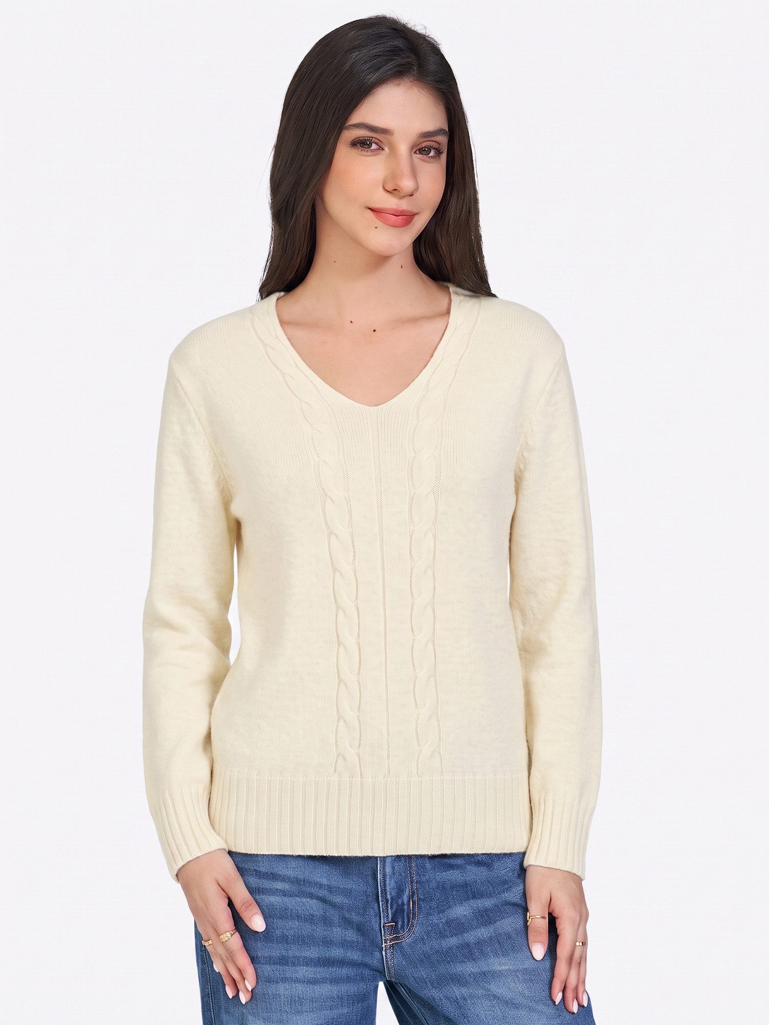 Imily Bela Strickpullover Damen V-Ausschnitt-pullover mit Zopfmuster (Packung, 1-tlg., 1per-Pack) in Unifarbe