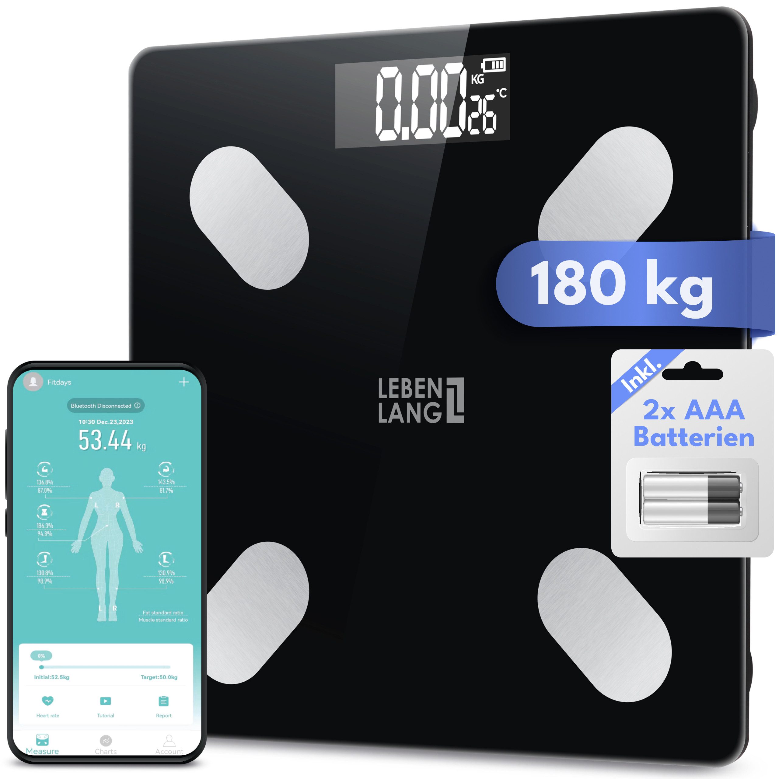 Lebenlang Personenwaage Digitale Körperwaage mit 4 Mess-Elektroden - bis 180kg, Körpergewicht - BMI & Körperfett Analyse - Abschaltautomatik