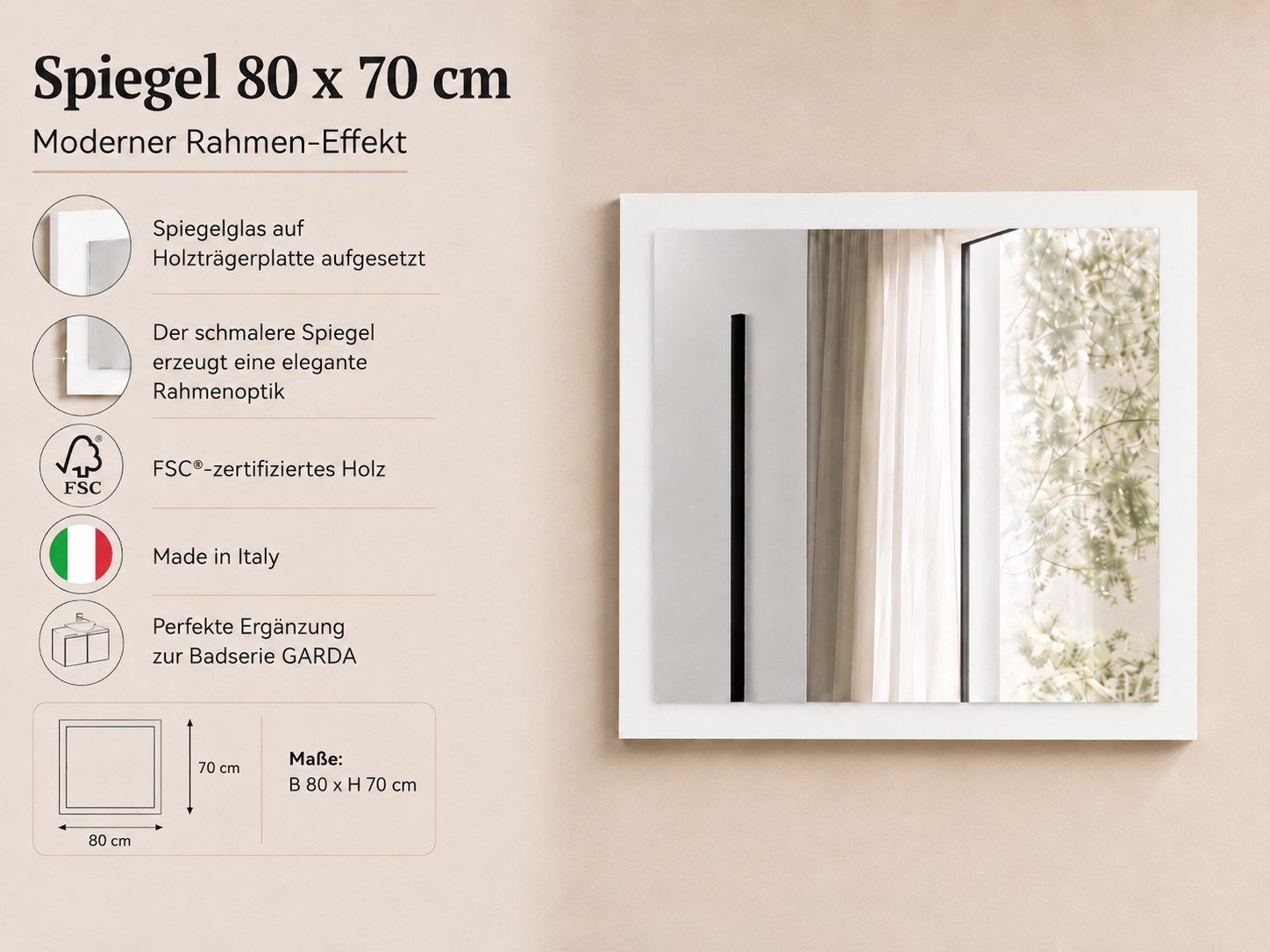 welltime Badspiegel Garda, Waschbeckenunterschrank,Breite 80 cm,Waschtisch (1-St), Breite 80 cm- Passend zur Serie Garda