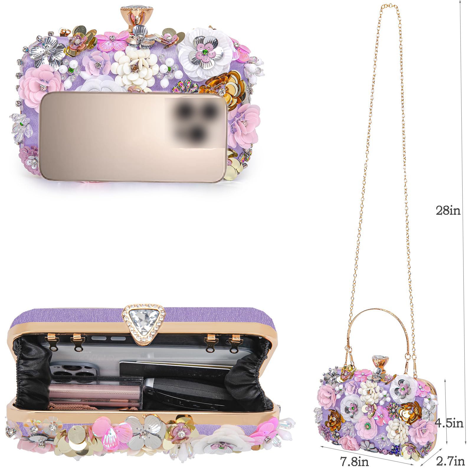 Zaewry Abendtasche Damen-Clutch mit Blumenmuster, Abendhandtasche, Schultertasche, mit Kettenriemen – Bild 4 von 5