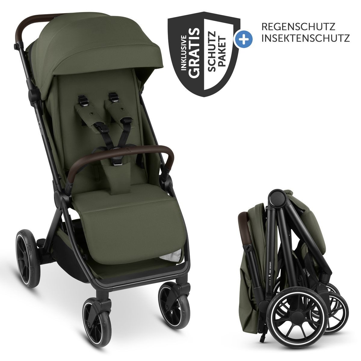 ABC Design Sport-Kinderwagen Avus 3 - Pea, Sportwagen mit Liegefunktion, Einhand-Faltung & Regenschutz bis 22 kg