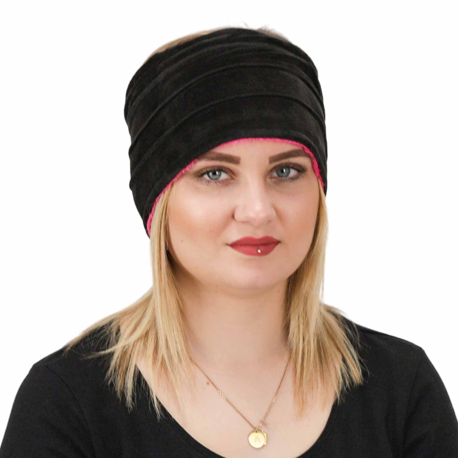 KUNST UND MAGIE Stirnband Damen Ohrwärmer Wendbar Tube Stirnband aus Samt mit Plüschfutter Schwarz / Pink