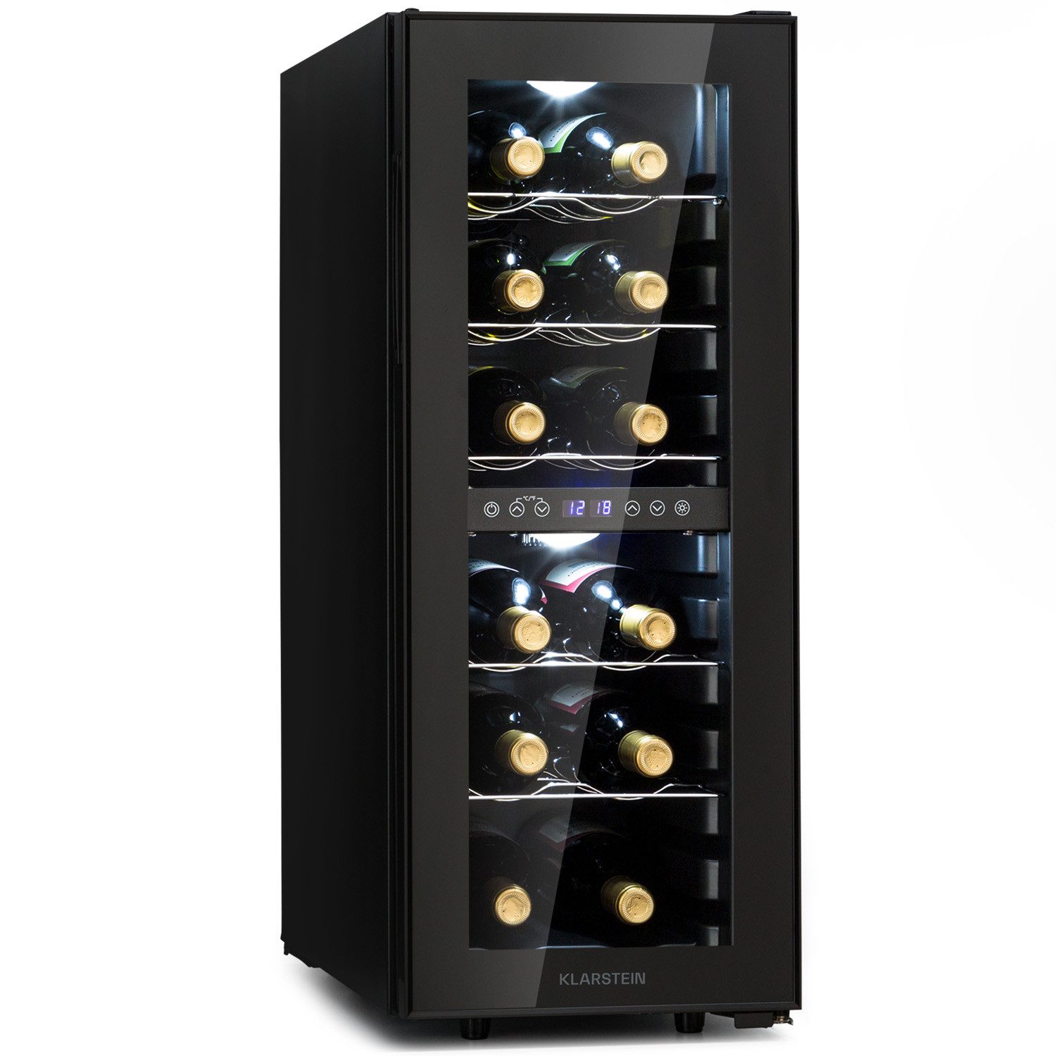 Klarstein Weinkühlschrank Shiraz 12 Duo Weinkühlschrank 2 Zonen 12 Fl 42L 5-12/12-18°C Touch, für 12 Standardflaschen á 0,75l,Flaschenkühlschrank Weintemperierschrank Weinschrank für Rot- & Weiß