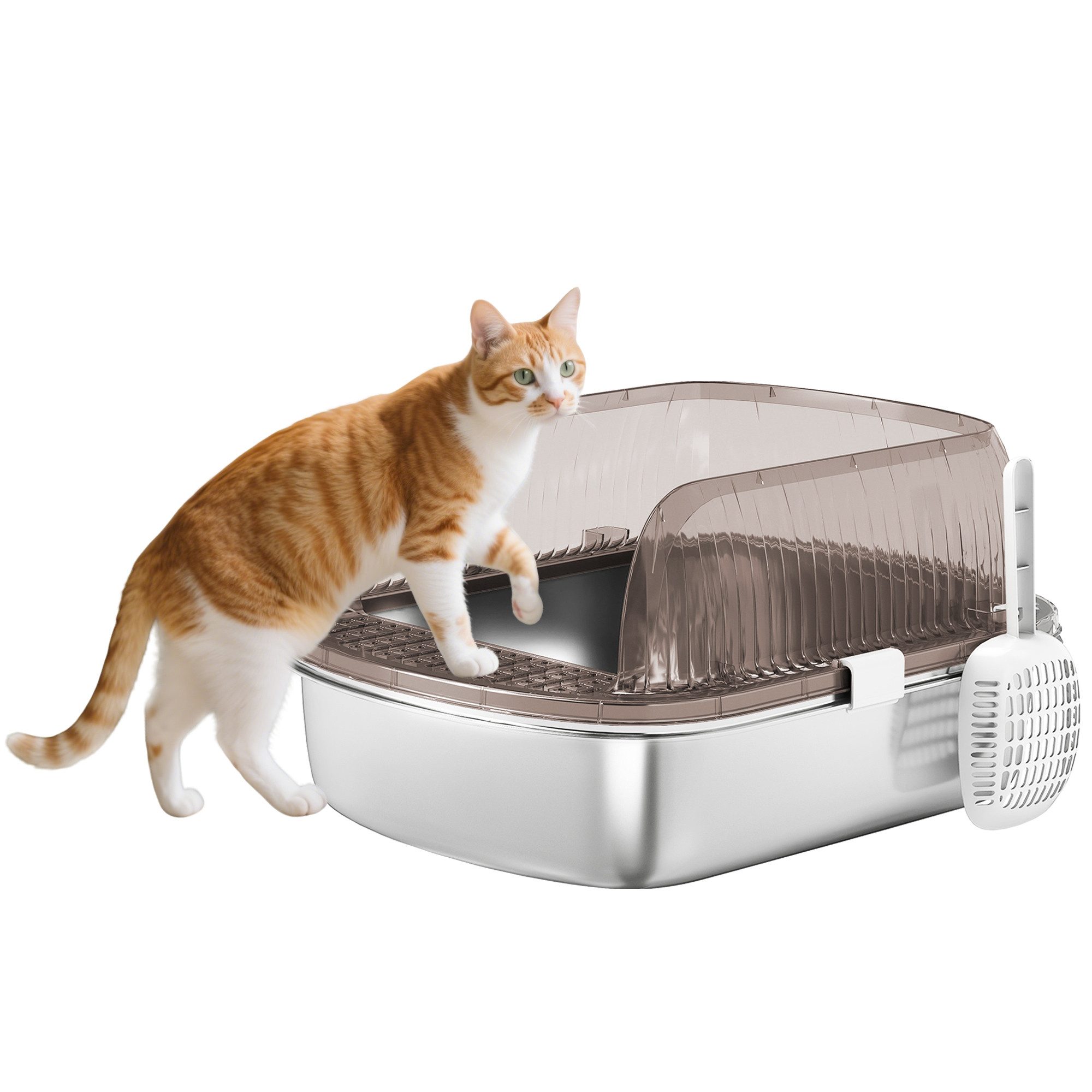 PawHut Katzentoilette Katzenklo Edelstahl mit hohem Rand, Wanne, Schaufel, für große Katzen unter 15 kg, Kohlegrau
