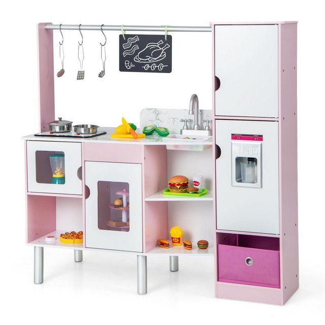 KOMFOTTEU Spielküche MDF, Doppelseitige Kinderküche und Kaufladen, Weiß + Rosa