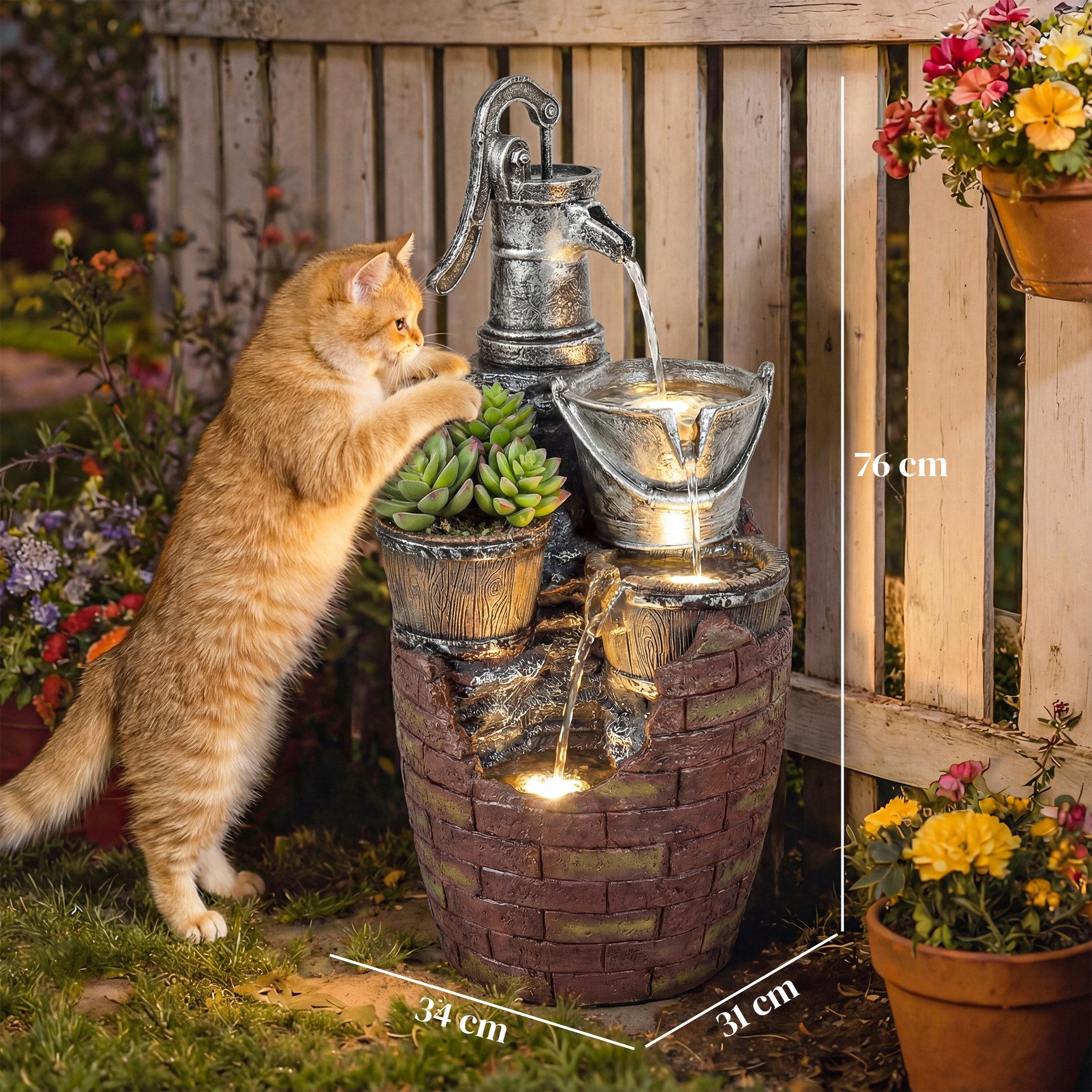 Outsunny Gartenbrunnen mit LED Beleuchtung, Pflanzkübel, Pumpe, 34 cm Breite, Wasserbecken BxT: 31x31 cm, (Springbrunnen, 1 tlg., Zimmerbrunnen), für Garten Rasen 34 x 31 x 76 cm