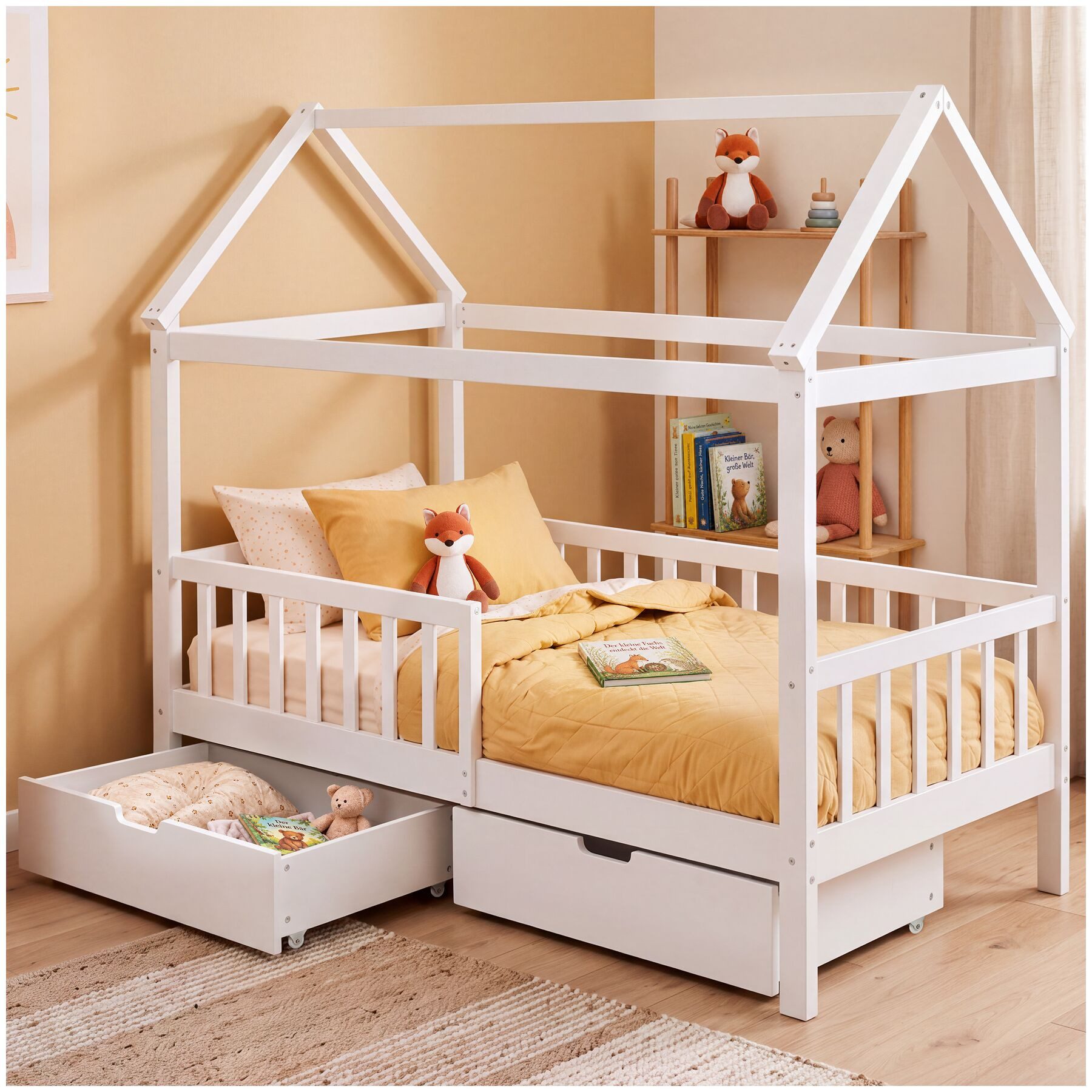 tectake Kinderbett Bettgestell mit Stauraum, 80 x 160 cm, inklusive Rolllattenrost (Bettkasten Hailey, in weiß), 2 Rollschubl., Rausfallschutz, Massivkiefer, Haus-Design, Montessori