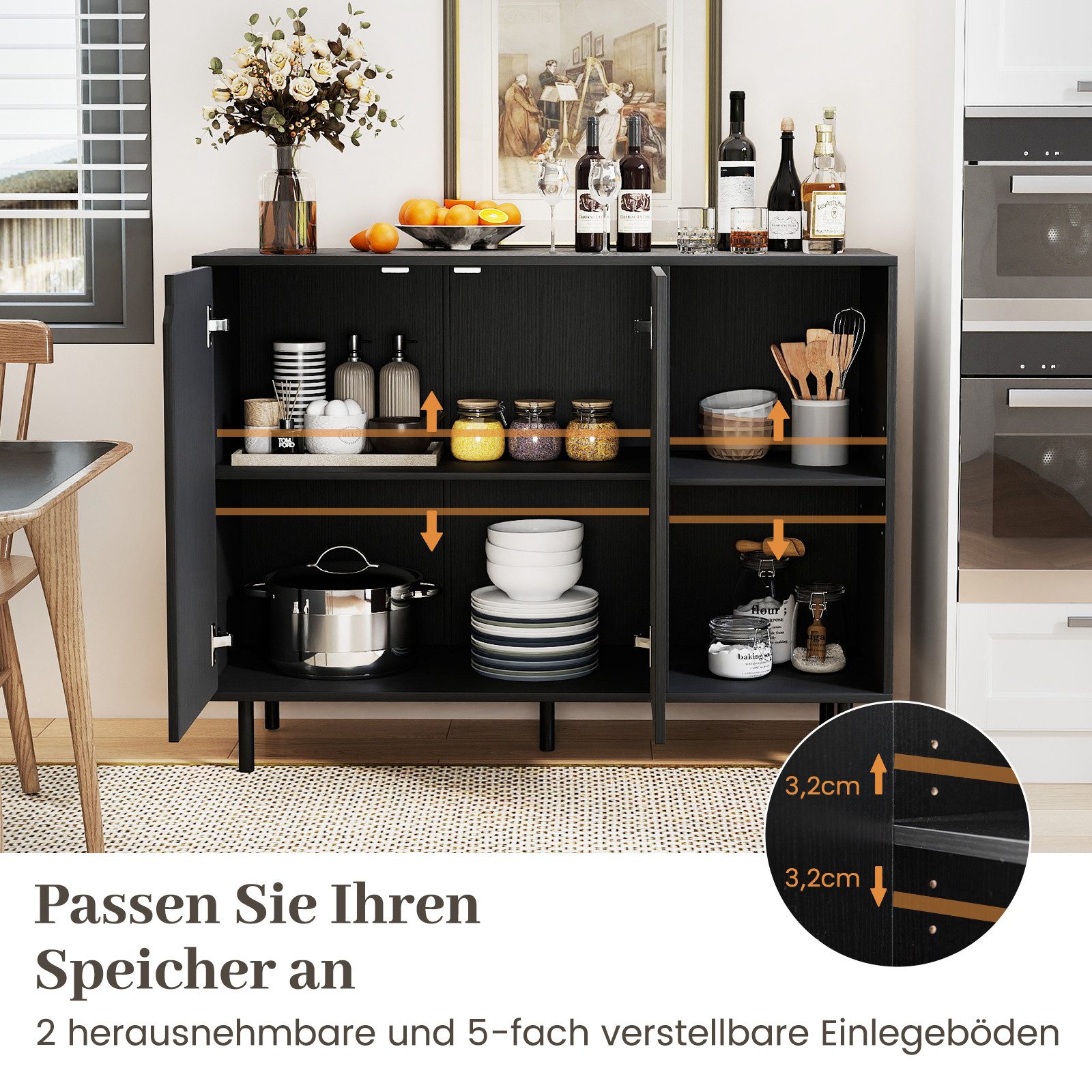COSTWAY Sideboard, Anrichteschrank mit Fächern, verstellbare Ablagen, 106x38x80cm