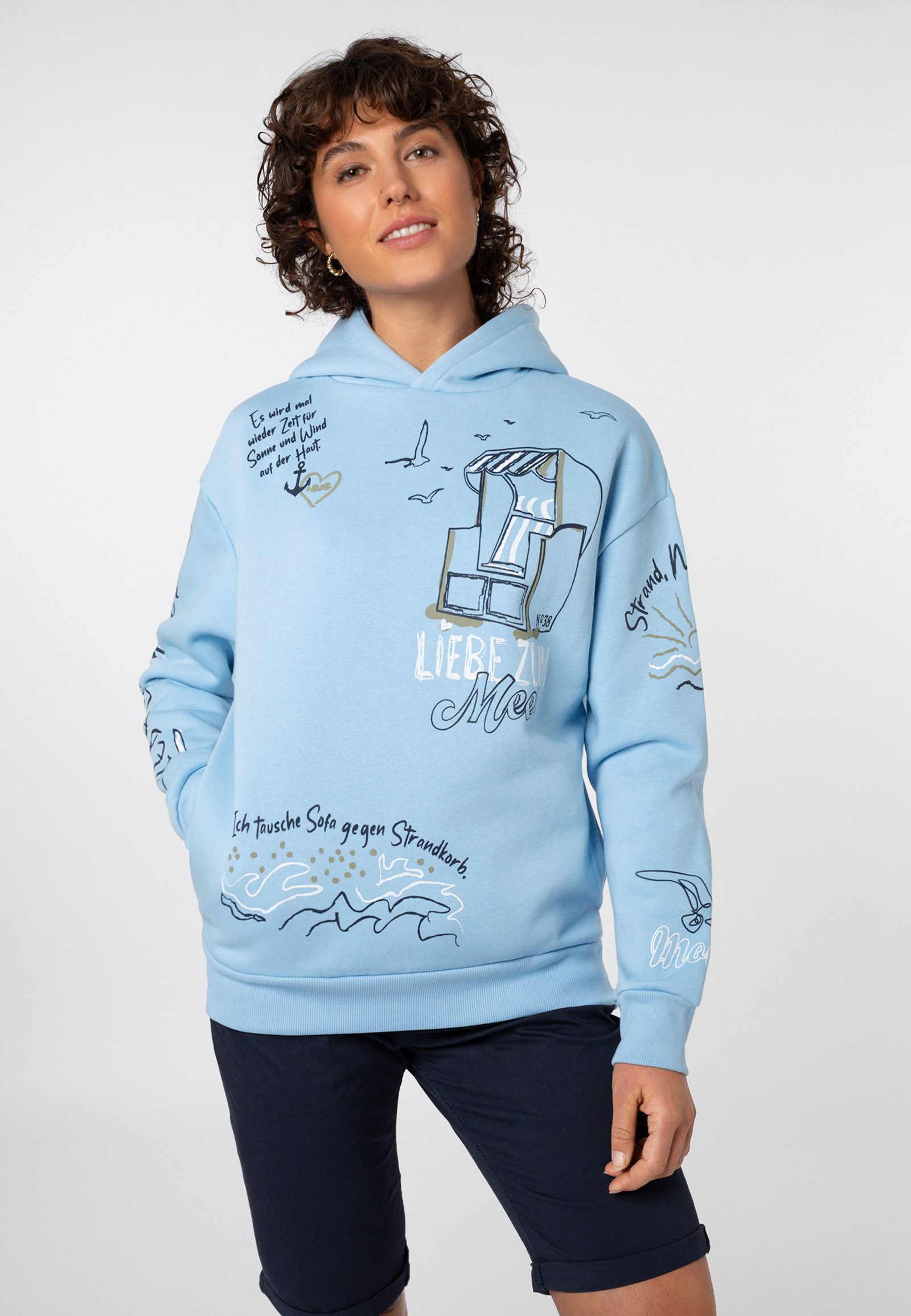 Eight2Nine Kapuzenpullover Damen Hoodie Kapuzenpullover allover Küstenprint Sweater, Kapuzensweatshirt mit seitl. Eingrifftaschen