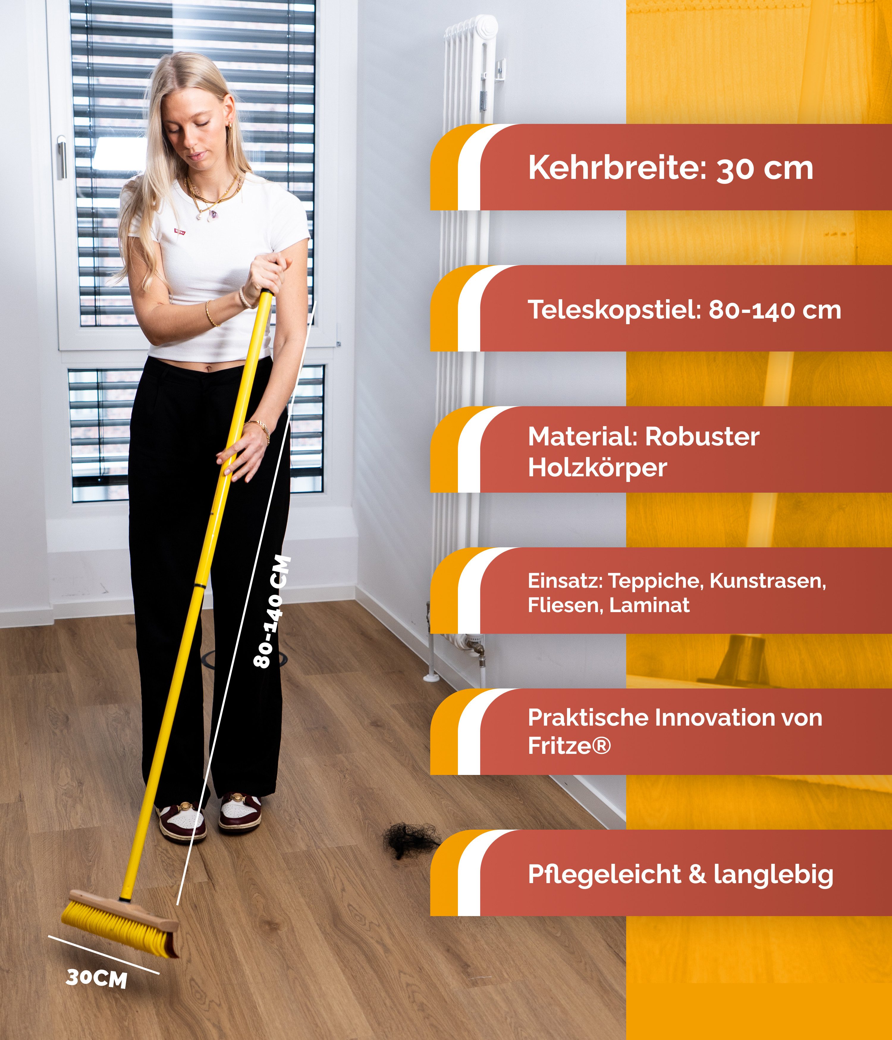 Fritze® Teppichkehrer Krallenbesen Haushalt 30 cm - Vielseitiger Indoorbesen, Teppiche, Abstreicher, alle Indoorbereiche, (Besen inkl. Stiel, 2-teilig), Innovat – Bild 2 von 5