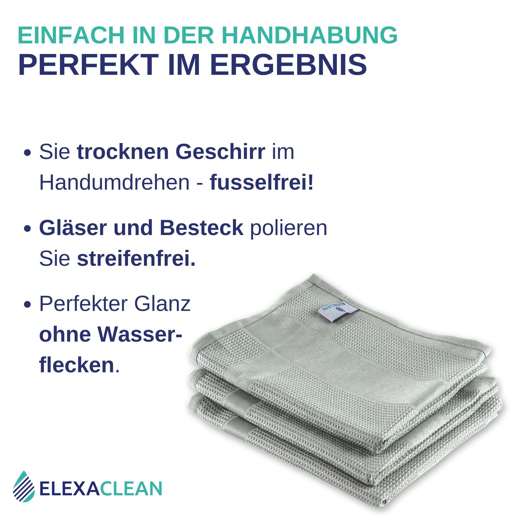 ELEXACLEAN Geschirrtuch Hellgrau Küchentücher (Set, 68x42 cm), saugstark, Mikrofaser ultrafein, fusselfrei 3-tlg., Poliertücher