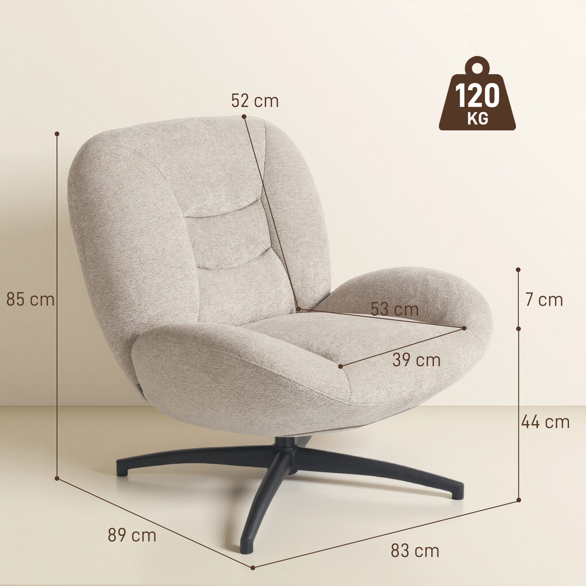 HOMCOM Relaxsessel Sessel, breite Sitzfläche, integrierte Armlehne, dicke Polsterung (Gepolstert Sessel, 1-St., 360° Drehbar Loungesessel), aus Chenille, mit gekreuzten Stahlbeinen, für Wohnzimmer, Cremeweiß