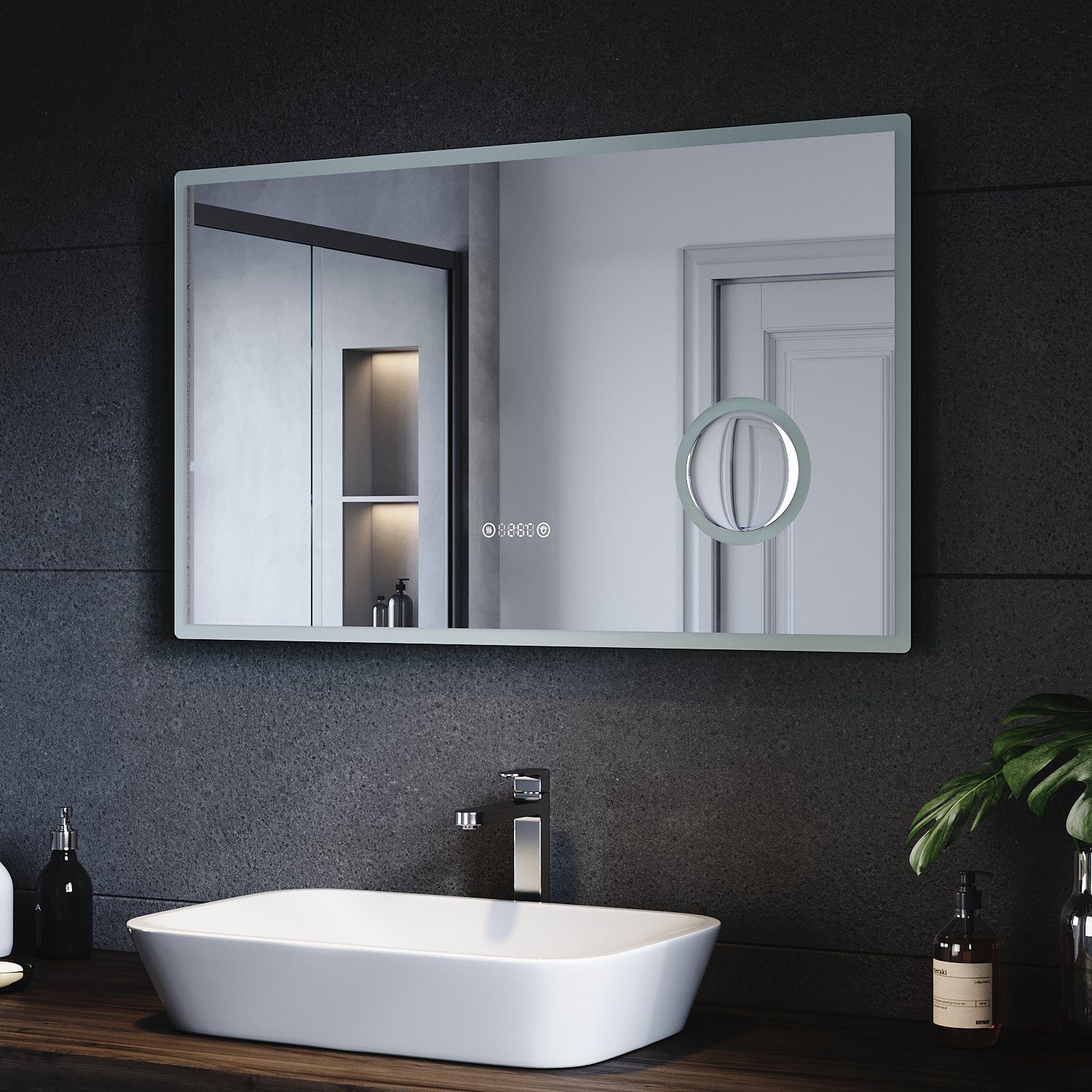 SONNI Badspiegel Badezimmerspiegel mit 3-facher Vergrößerung,100/80cmx60cm, mit LED