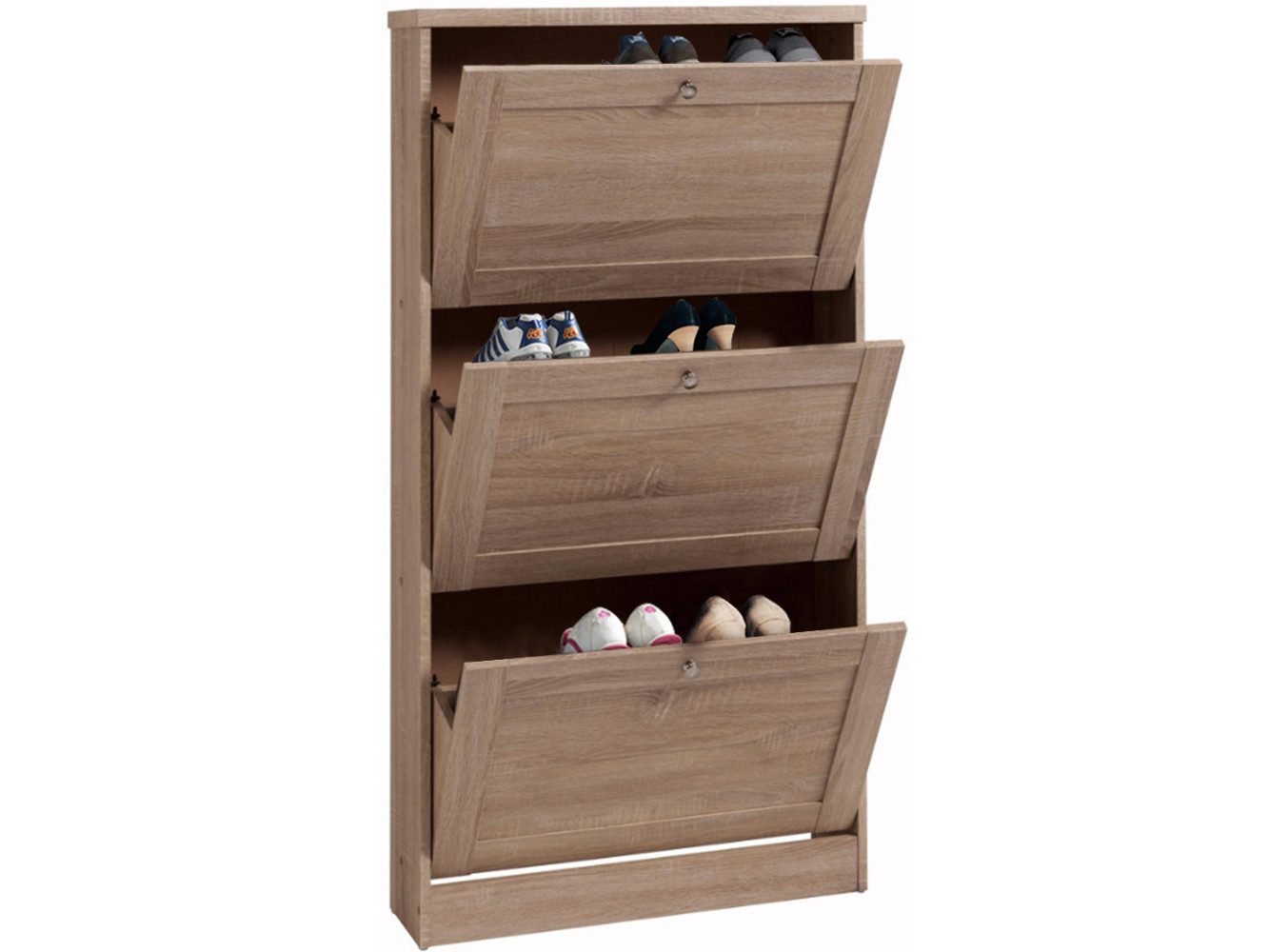 loft24 Schuhkipper Hector, Schuhschrank, 3 Klappen, Schuhregal, Eiche Optik, Landhausstil