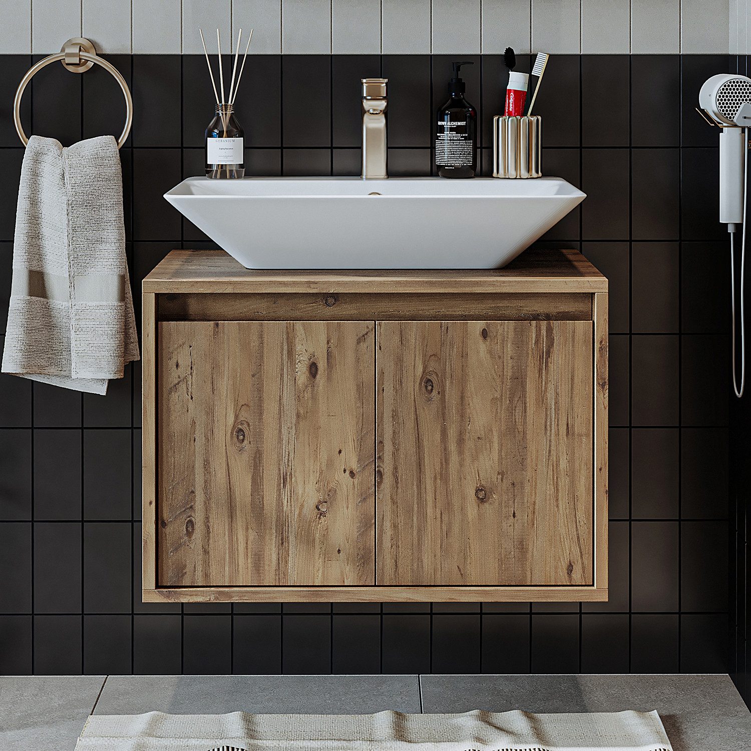 Roomart Badmöbel-Set ATLANTIC 65 cm 2 teilig, Keramikbecken inkl., Soft-Close, 5 Farben, (Komplett-Set, Waschtisch mit Unterschrank Badmöbel), Soft-Close, Wandmontage, Aufsatzbecken, 5 Farben