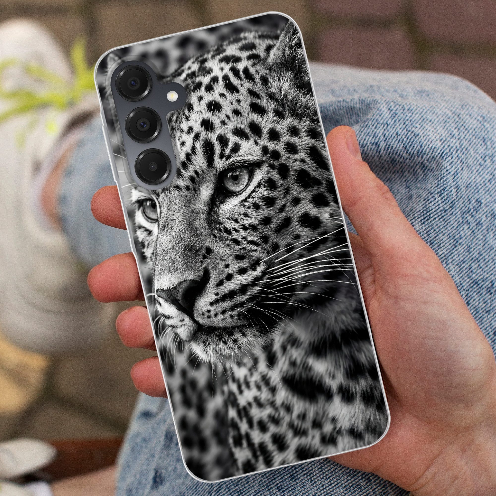 MuchoWow Handyhülle für Samsung Galaxy A16 5G Leopard - Schwarz - Weiß - Auge, Phone Case, Silikon, Schutzhülle Dünn