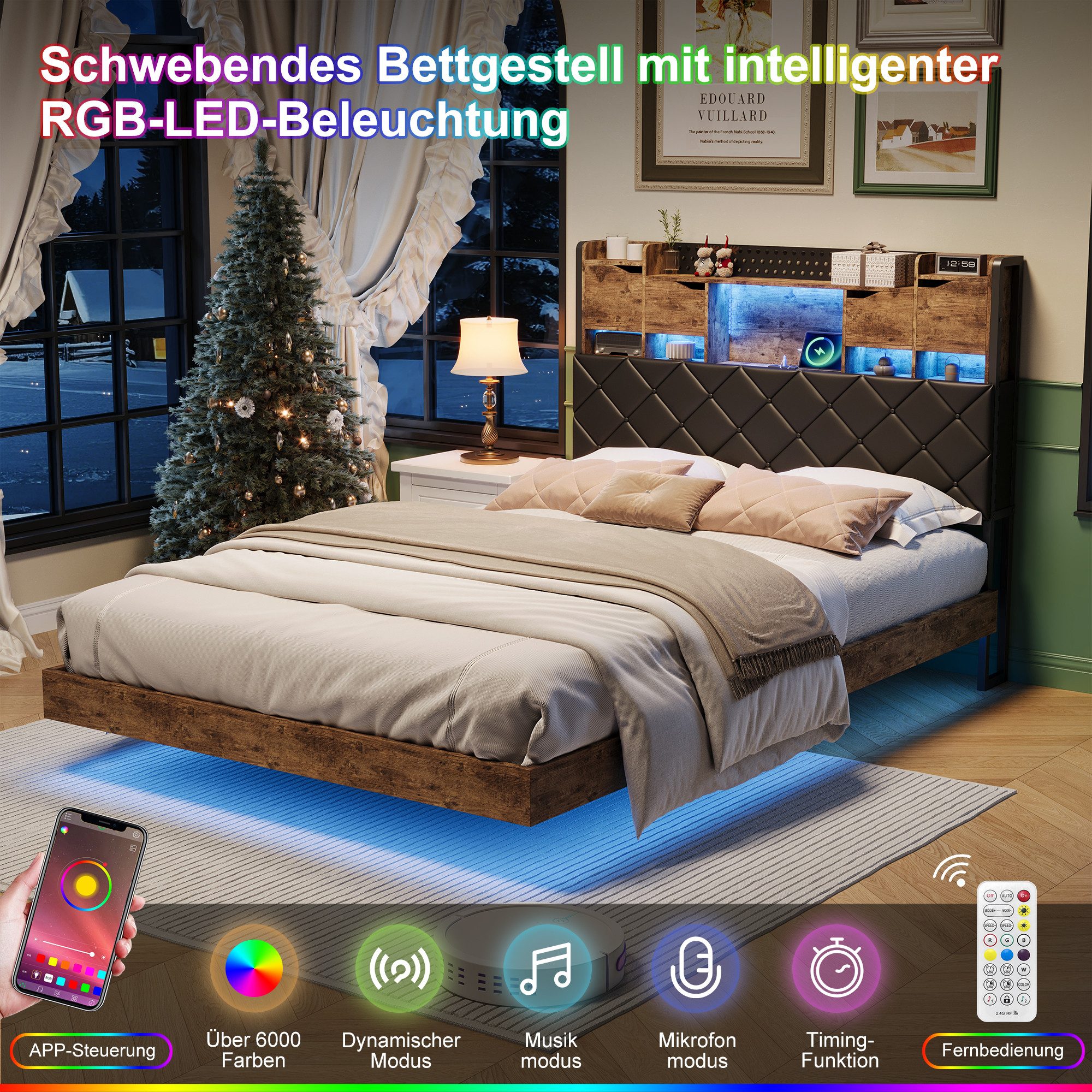 zebery Polsterbett Doppelbett mit LED-Beleuchtung und Ladestation, Jugendbett 140x200cm mit USB&Typ-C,Metallrahmen – Bild 4 von 5