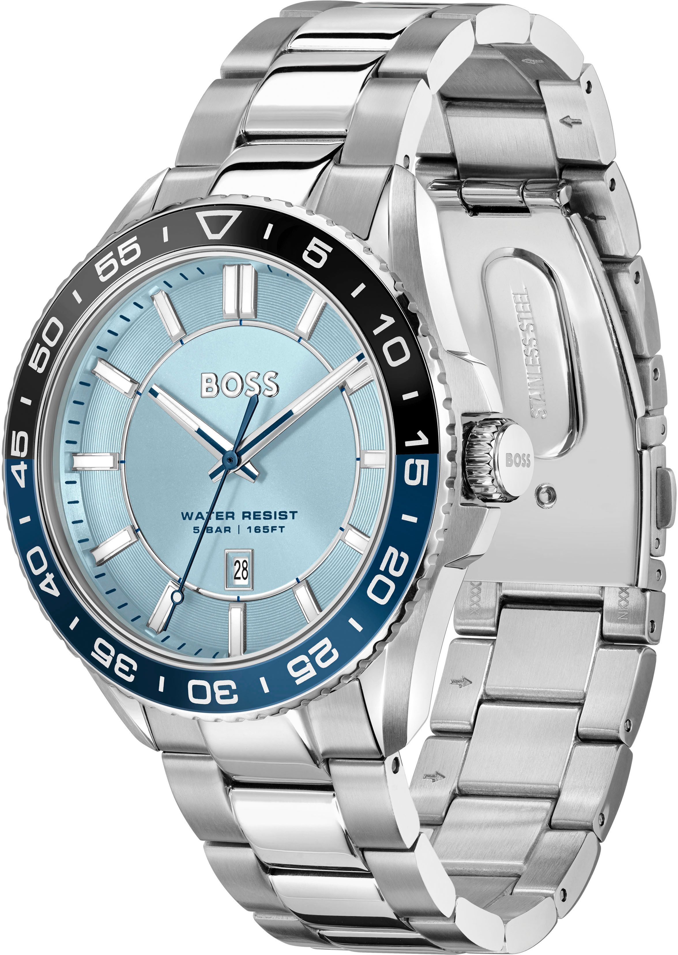 BOSS Quarzuhr RUNNER 3H 1514207, Armbanduhr, Herrenuhr, Edelstahlarmband, analog, Tag