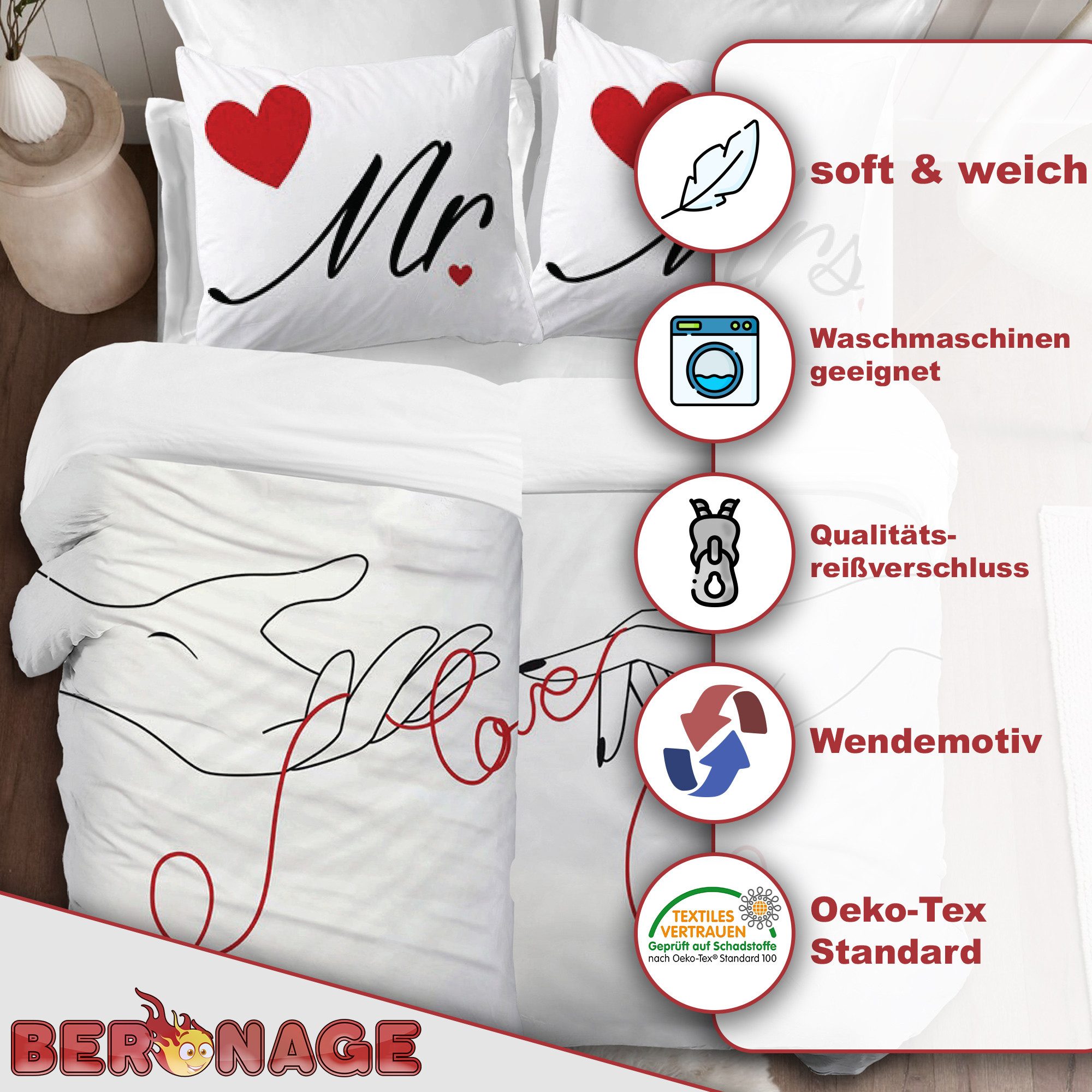 BERONAGE Partnerbettwäsche Mr. & Mrs. Partnerbettwäsche 2 Bettwäsche-Sets, 4 teilig, 135x200 + 80x80 cm