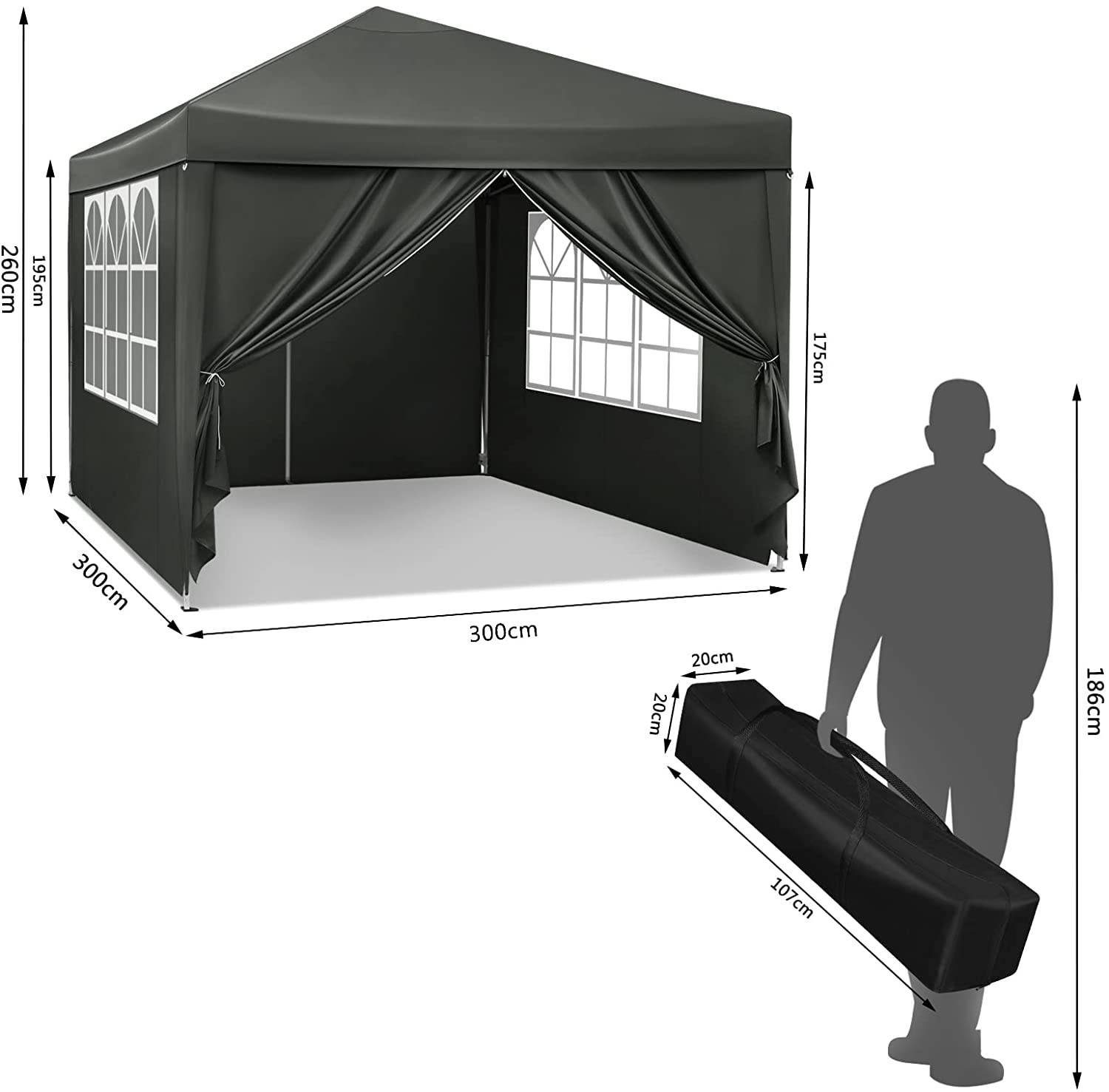 Woltu Faltpavillon, mit 4 Seitenteilen, aus Oxford Metallrahmen 3x3 m