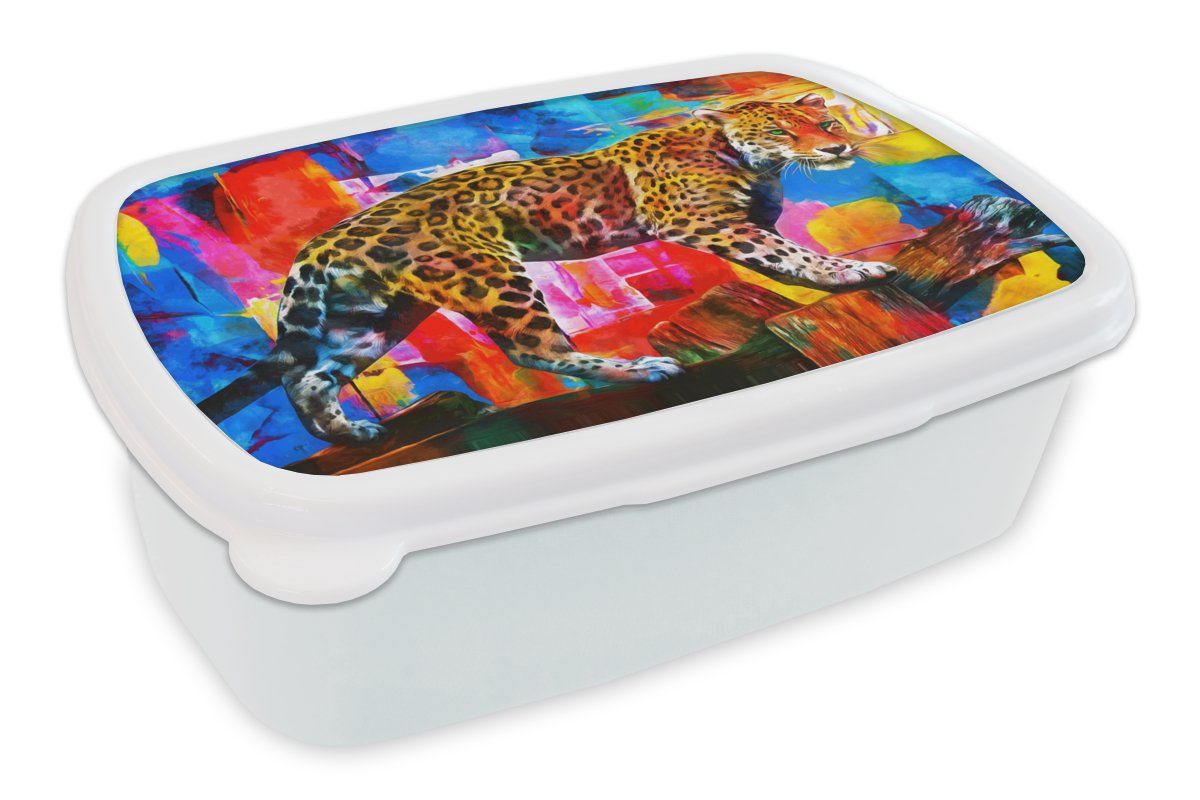 MuchoWow Lunchbox Malerei - Panther - Ölfarbe - Farben - Tiere, Kunststoff, (2-tlg), Brotbox für Kinder und Erwachsene, Brotdose, für Jungs und Mädchen weiß