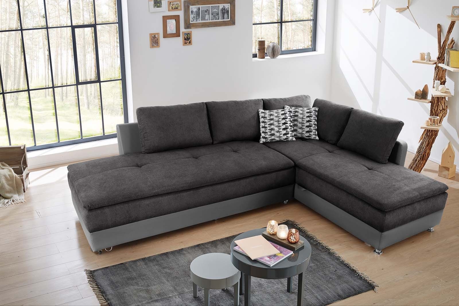 luma-home Ecksofa 15105, Dauerschläfer-Doppelbett B306/T223/H95 cm, Bettkasten, Regal, Boxspring, Federkern, Wellenunterfederung, Topper, Schwenkteil links, Mikrofaser Anthrazit/Kunstleder Grau
